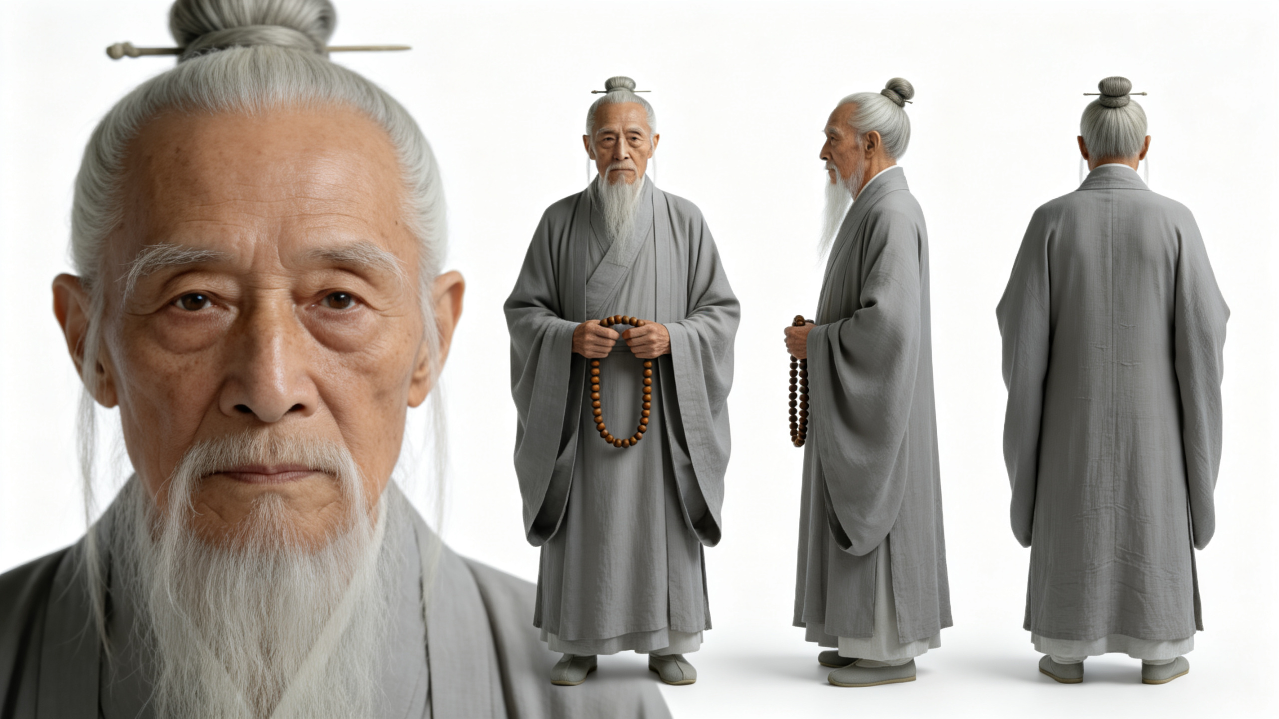 帮我生成图片：请帮我生成一个人物角色图，纯白色背景，不参考人物动作和背景内容。身材比例协调，生成全身三视图（正视图、 侧视图、后视图）以及一张面部特写(最左边占满三分之一的位置是超大面部特写)，以上角度的图形合理分布在… - AI提示词参考图，来自西西提示词