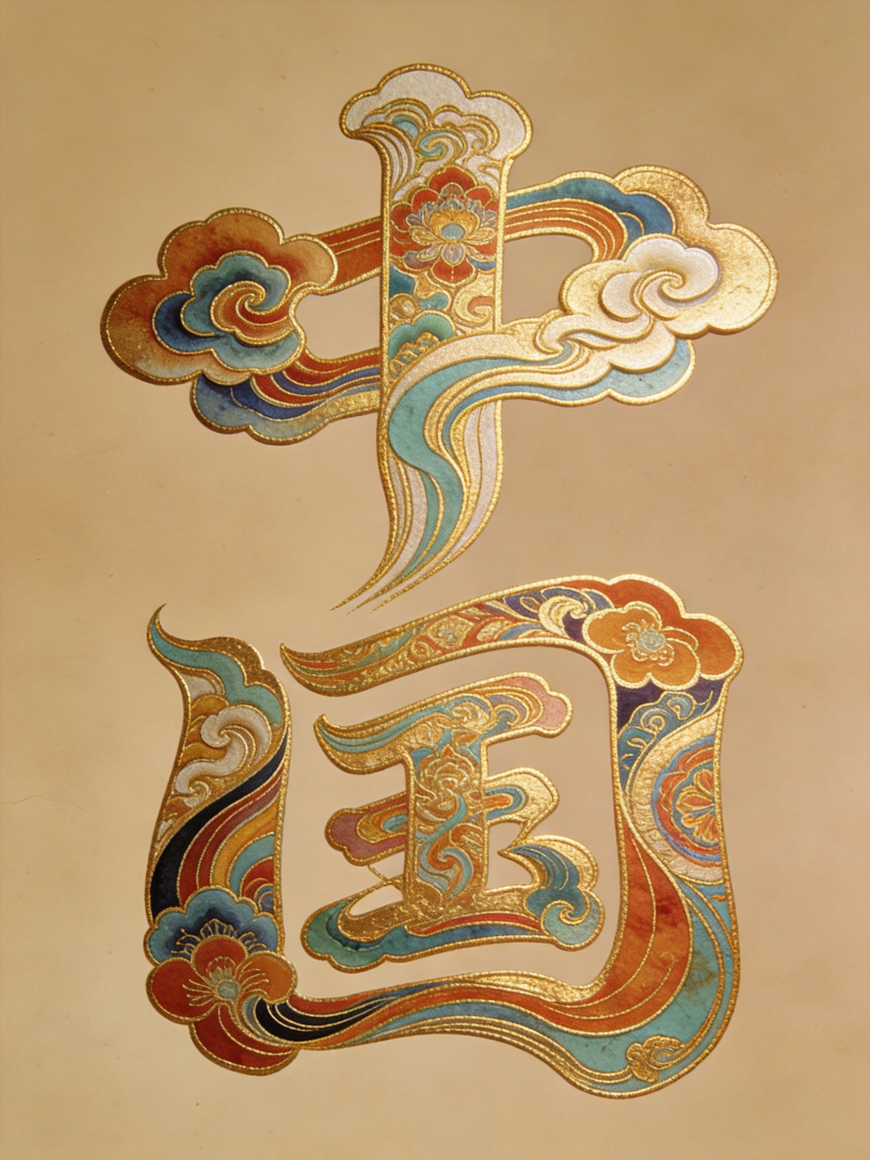 文字“中国”抽象画风，凸印金线，花纹线条组合而成的，层次分明，祥云纹，敦煌纹，色彩斑斓美轮美奂，线条柔美灵动，传统美学，立体感，浅棕色背景，背景干净，高清渲染。 - AI提示词参考图，来自西西提示词
