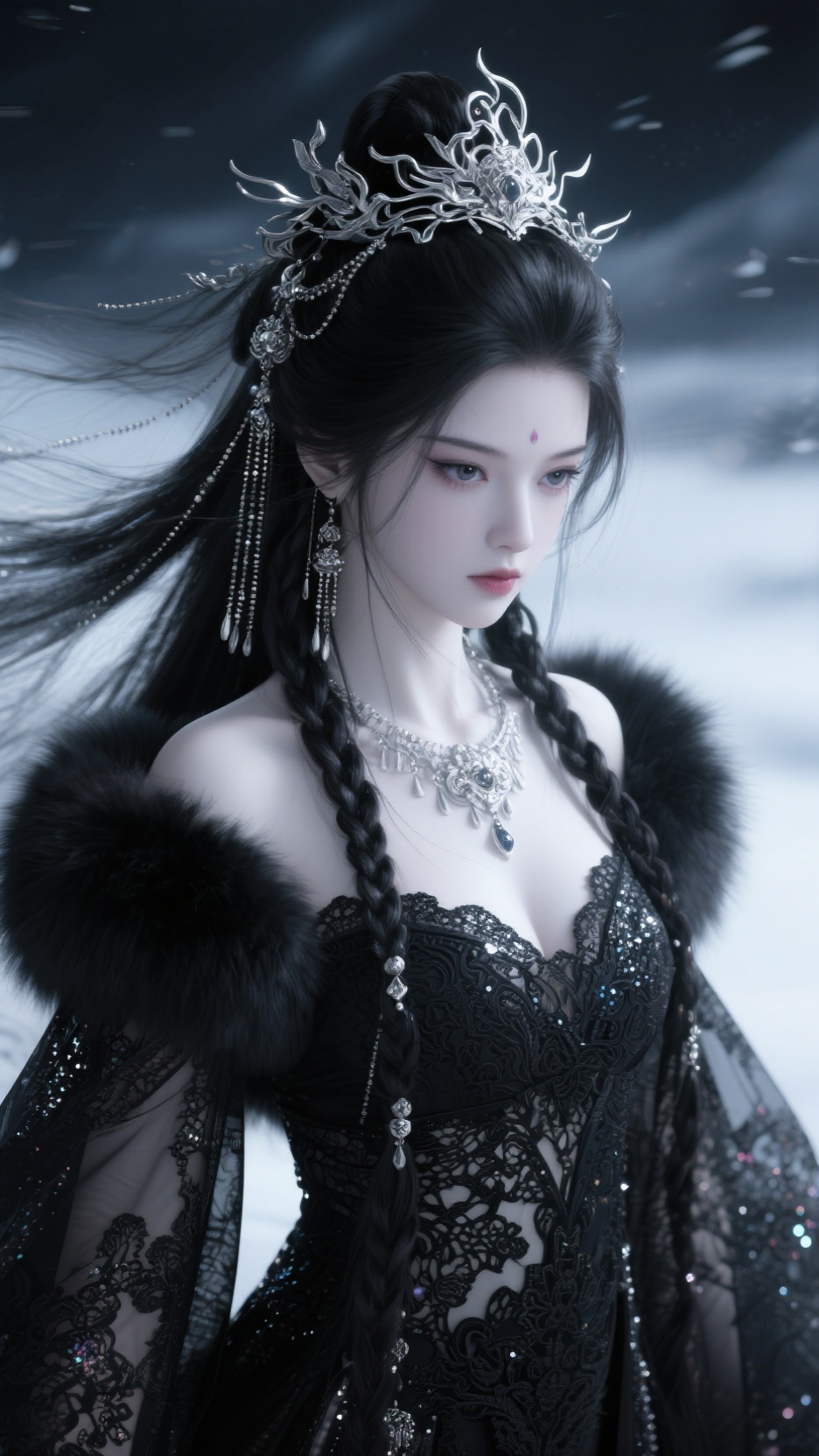 高级CG，美少女，厚涂，精致刻画，流畅的线条，神秘感，近距离，高清，8K，动态视角，禁欲系，皮草，复古装饰，银饰，金属额饰，碎发随风摆动，复古发饰，超长流苏，很多细碎辫子，人物POS特写，精致刻画，流畅的线条，神秘感，… - AI prompt reference from CC Prompt Galaxy