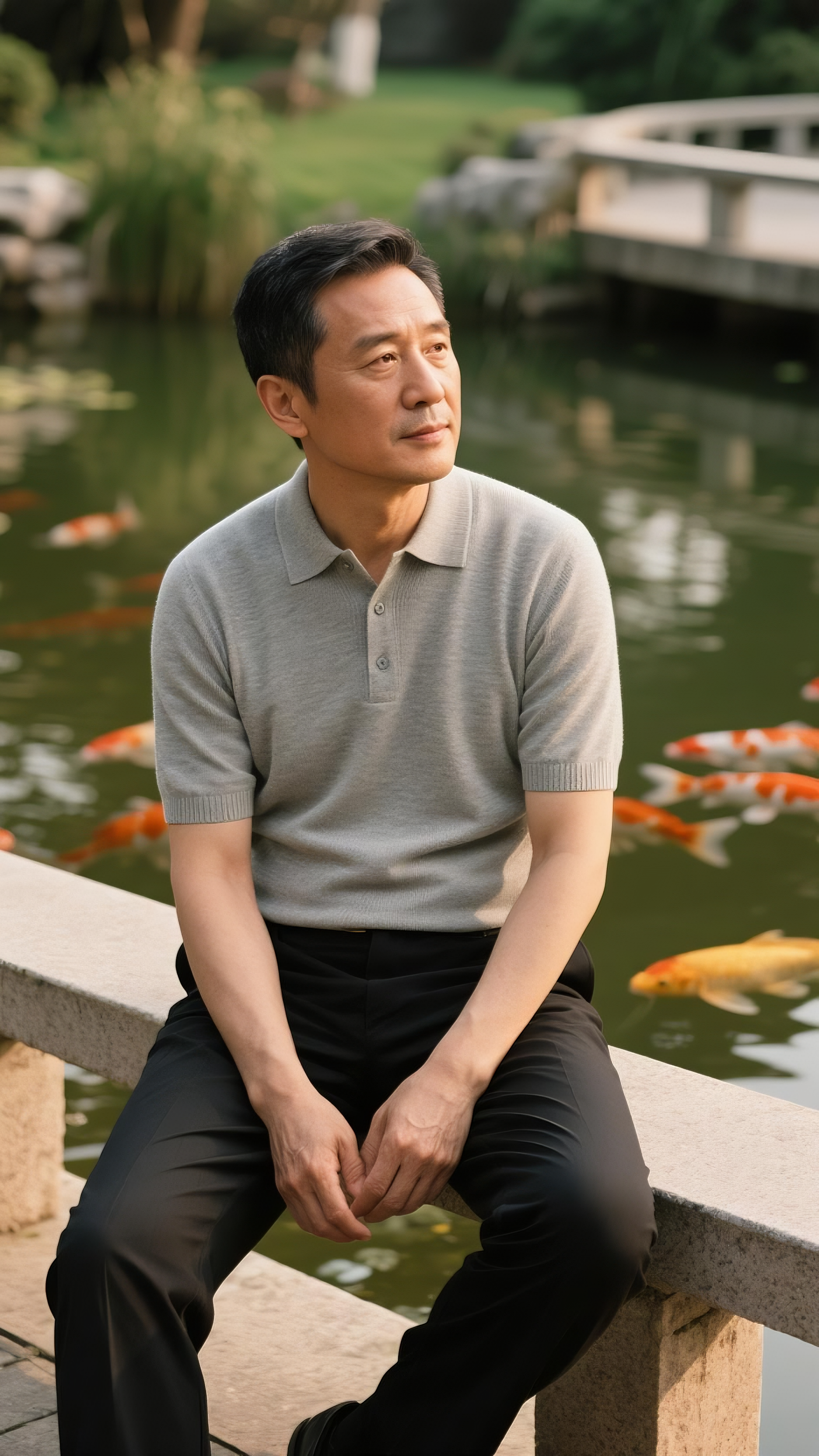 一位40岁掀盖短发中国男子，身穿浅灰色针织polo衫，黑色西裤，坐在锦鲤池旁，姿态挺拔而随意，专业人像广告拍摄，专业户外实拍，超高清，电影质感， - AI prompt reference from CC Prompt Galaxy