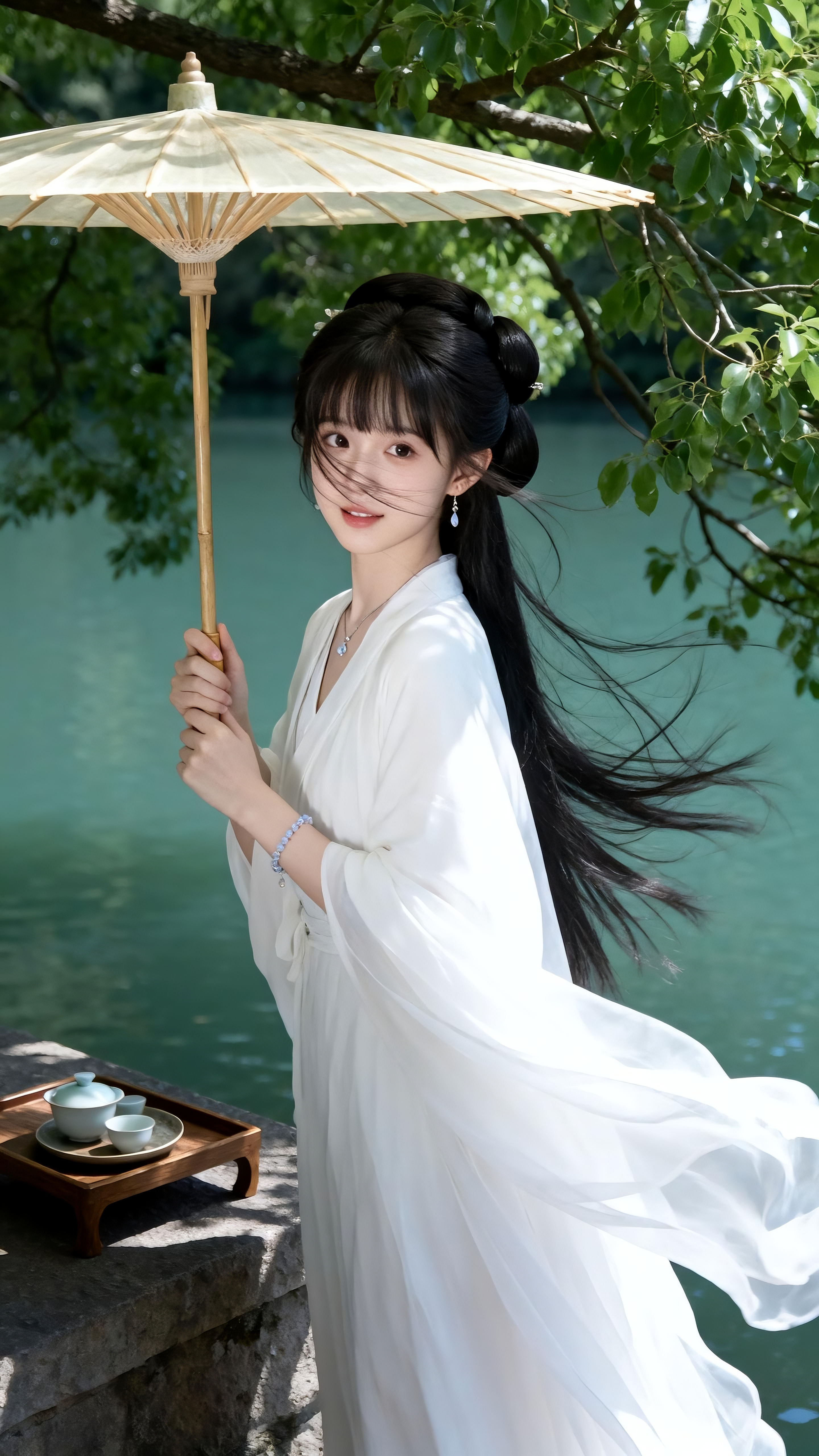 半身写真唯美摄影，超高清，黑色长发梳成古典发髻，穿着白色飘逸广袖汉服（衣袂随风扬起），手持浅色竹制油纸伞，侧身站立于水边石台上，半身近照，身旁有一张小木桌（摆放着茶具托盘），周围环绕着茂密的绿色树枝，背景是清澈的湖水与… - AI提示词参考图，来自西西提示词