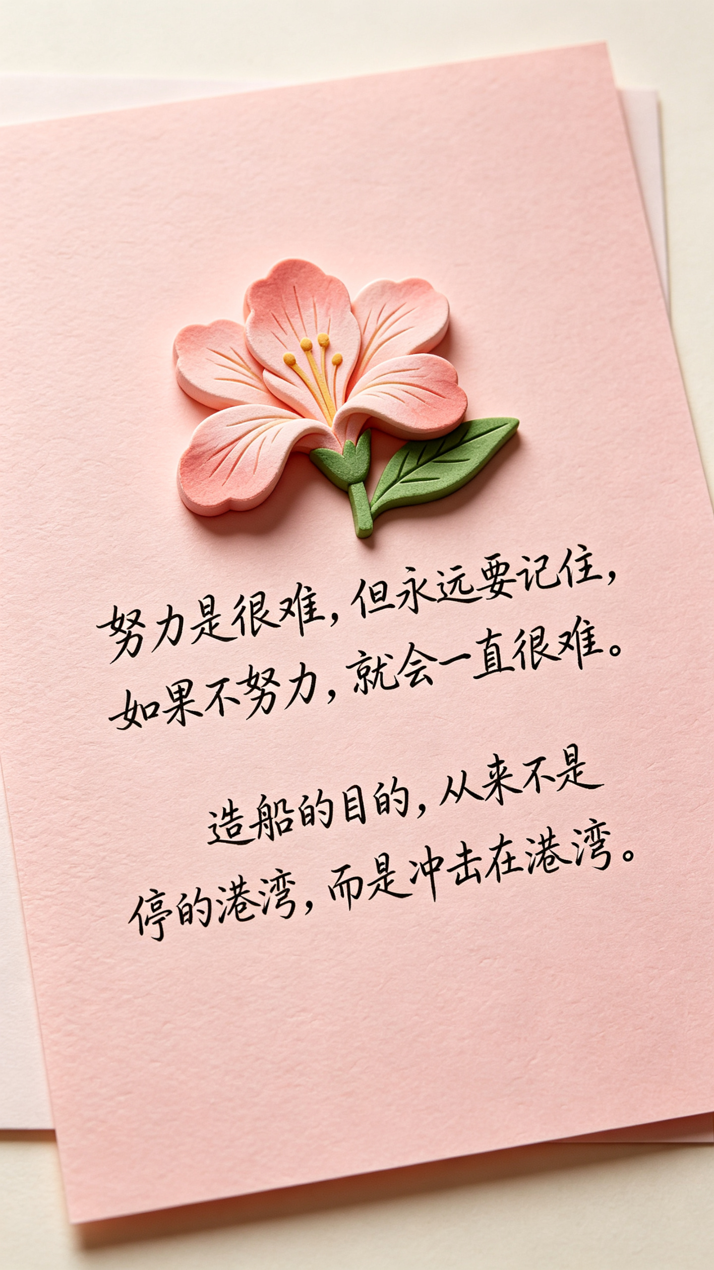 淡粉色信纸，信纸中央立体感很强的带绿叶马兰花点缀，黑色草书分行写着： 努力是很难， 但永远要记住， 如果不努力，就会一直很难。 造船的目的， 从来不是停在港湾，而是冲击风浪。 - AI提示词参考图，来自西西提示词