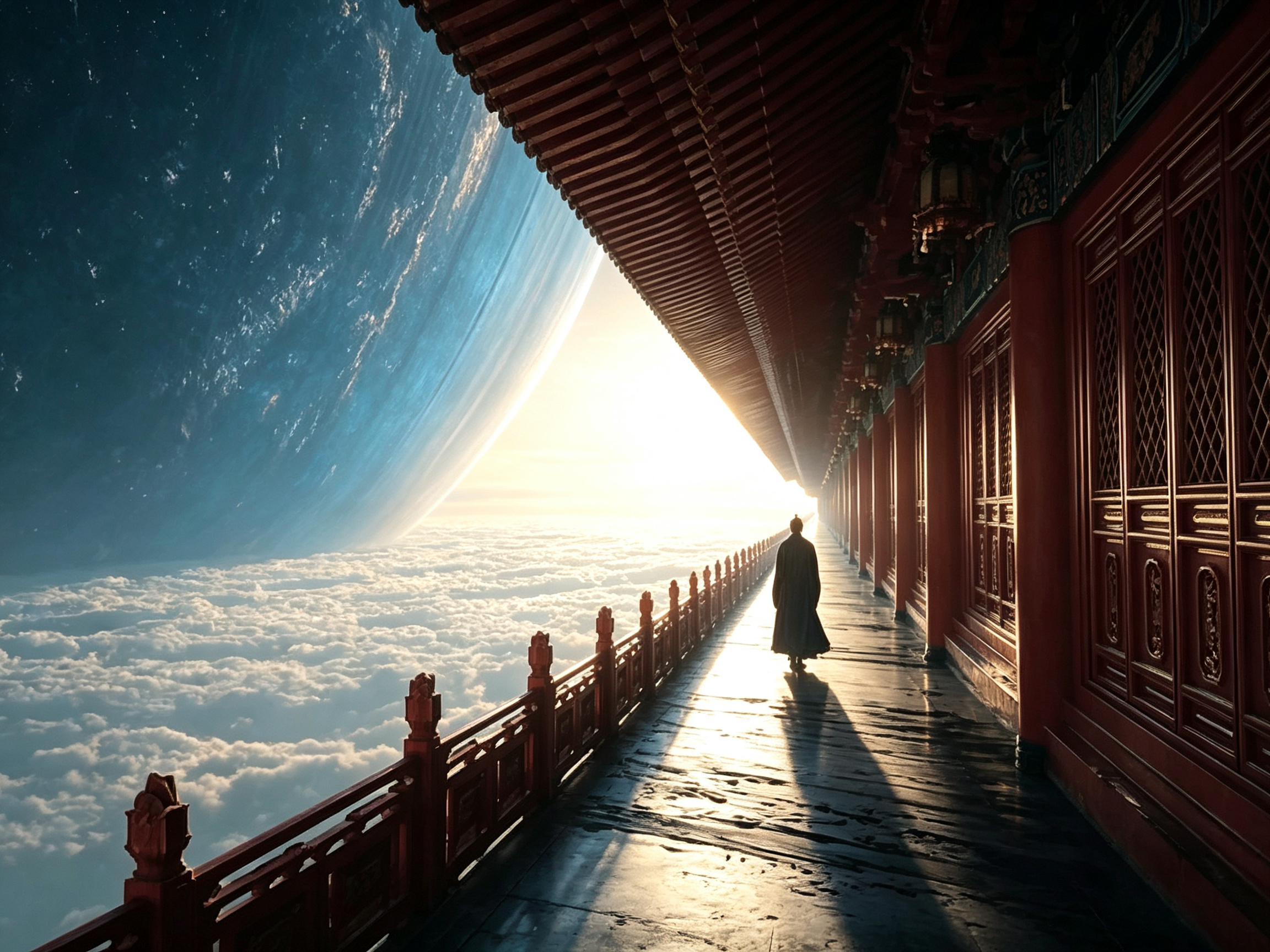##古风仙侠场景，一位身着深色古装的人物背影，行走在恢弘的中式宫殿长廊上，长廊右侧是朱红雕花门窗，左侧是朱红栏杆，地面是反光的深色石板路，长廊上方是传统中式屋檐，长廊外是翻滚的云海，天空中悬浮着一颗巨大的蓝白色星球，日… - AI提示词参考图，来自西西提示词