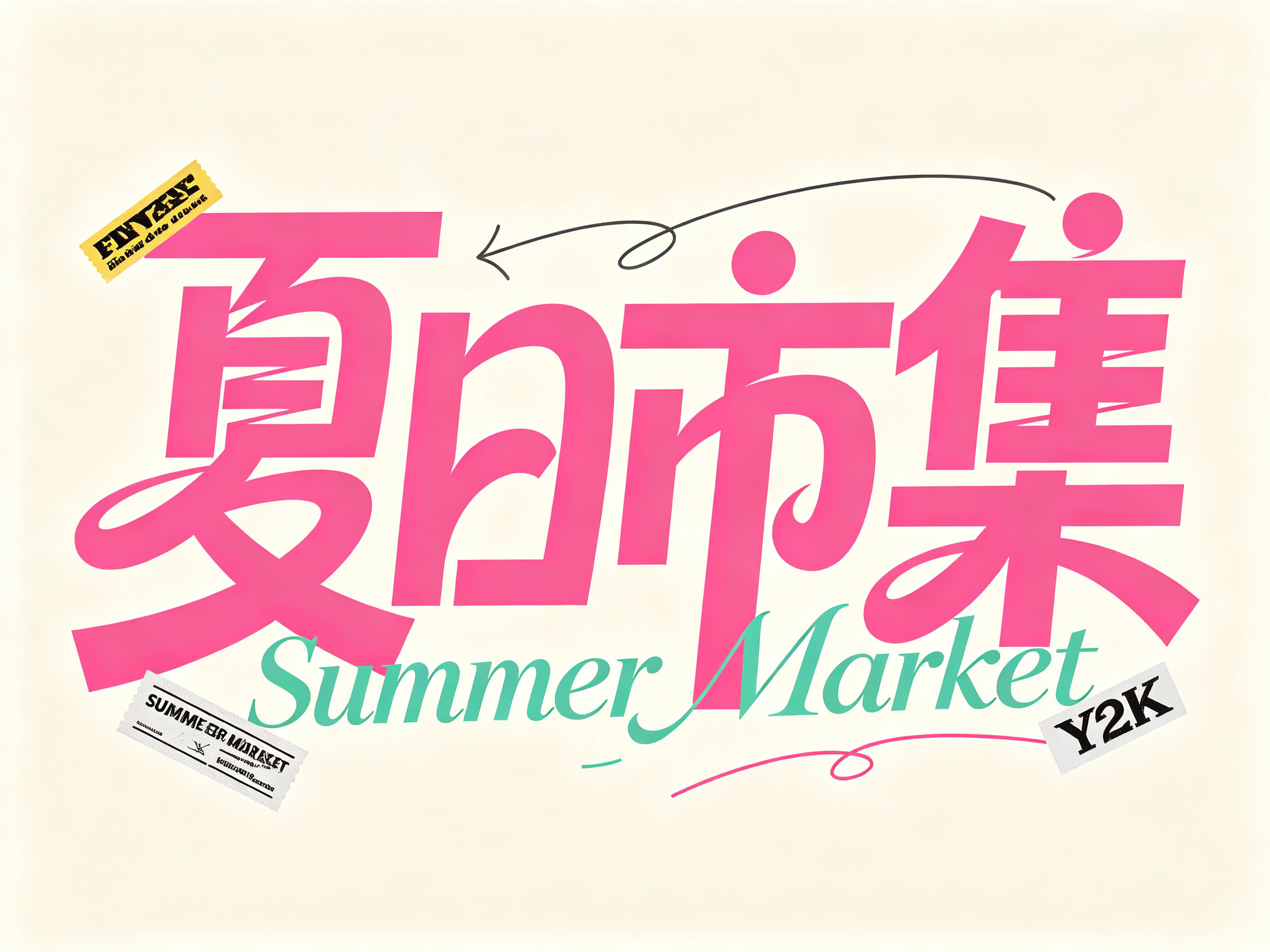 中文字体海报《夏日市集》，实验字体设计，超大粉色主标题，字体解构重组，笔画夸张延伸，部分笔画穿插融合，米白背景，薄荷绿色英文 Summer Market 辅助排版，搭配贴纸标签、手绘线条装饰，潮流市集视觉，年轻时尚，Y… - AI提示词参考图，来自西西提示词