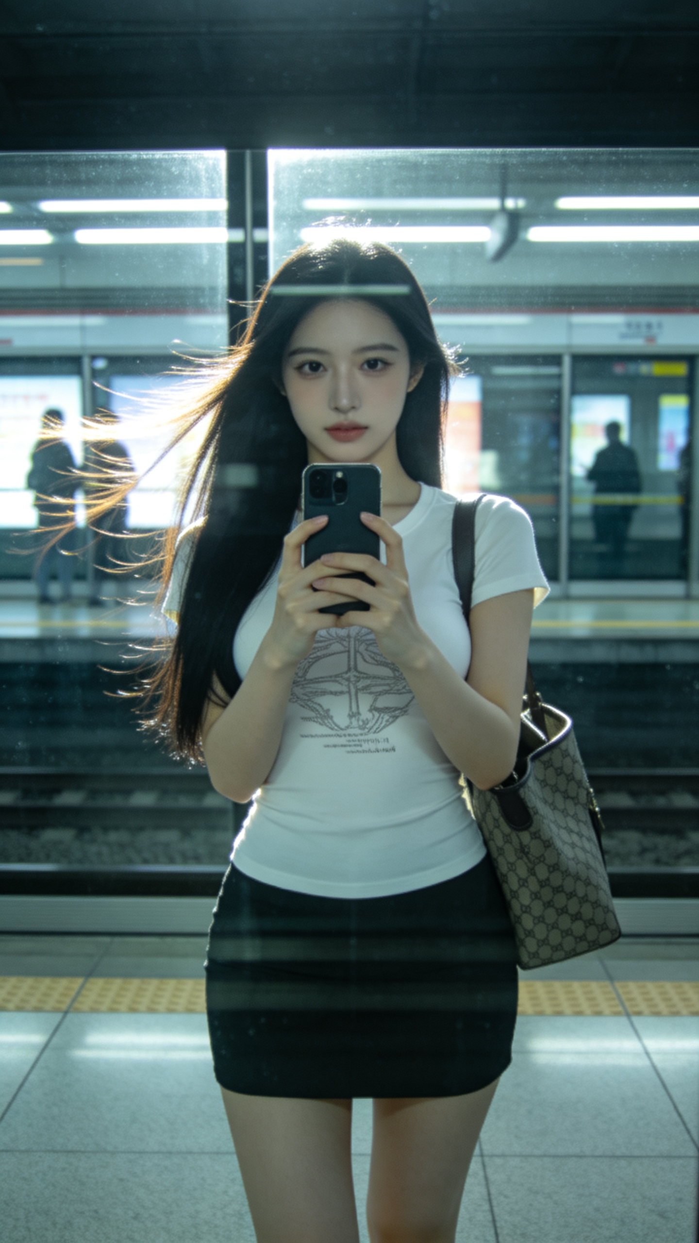 年轻东方美女，S曲线沙漏型身材，丰胸细腰长腿，好身材线条优美，置身地铁站屏蔽门前，黑色长直发垂落肩背，发尾自然顺直，站内气流轻拂形成发丝飘动轨迹，站厅冷白光下发丝发光，面容局部高清聚焦——冷白皮鹅蛋脸，肌肤白皙莹润如琼… - AI提示词参考图，来自西西提示词