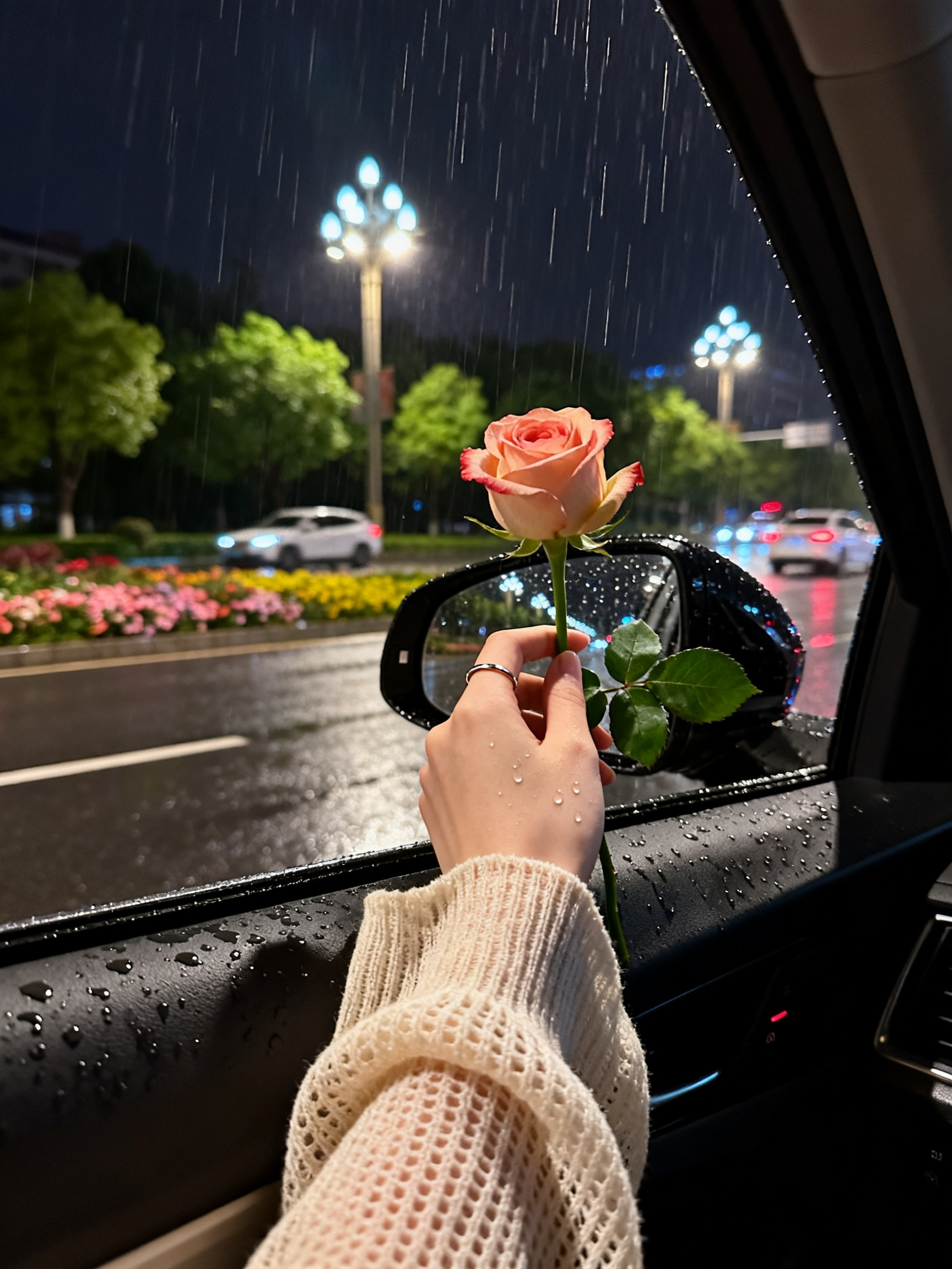 车内视角（夜晚）下雨天，暗色，窗外是城市街道，有路灯、花草绿树、行驶的车辆，嫩白漂亮手，食指戴着简单的指环，绿色通道针织宽松长袖，拿着一朵玫瑰花，手上有水珠，优雅自然的伸向车窗外的倒车镜，都市夜晚的静谧感，带着独处微醺… - AI提示词参考图，来自西西提示词