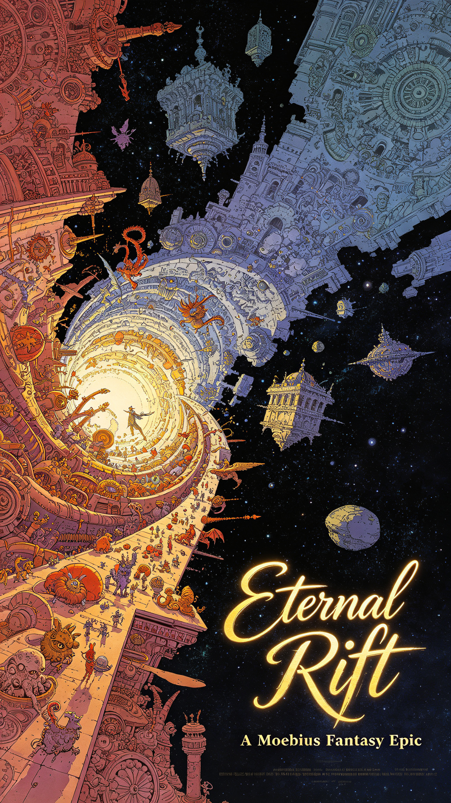 Moebius (Jean Giraud)风格绘画，极繁主义，奇幻风格电影海报插画，不对称构图。神秘阴暗，极致细节，传统色彩高饱和的融合对比碰撞来搭配，oc渲染，光感，神秘，宏大，梦幻，惊奇超高清画质。 - AI提示词参考图，来自西西提示词