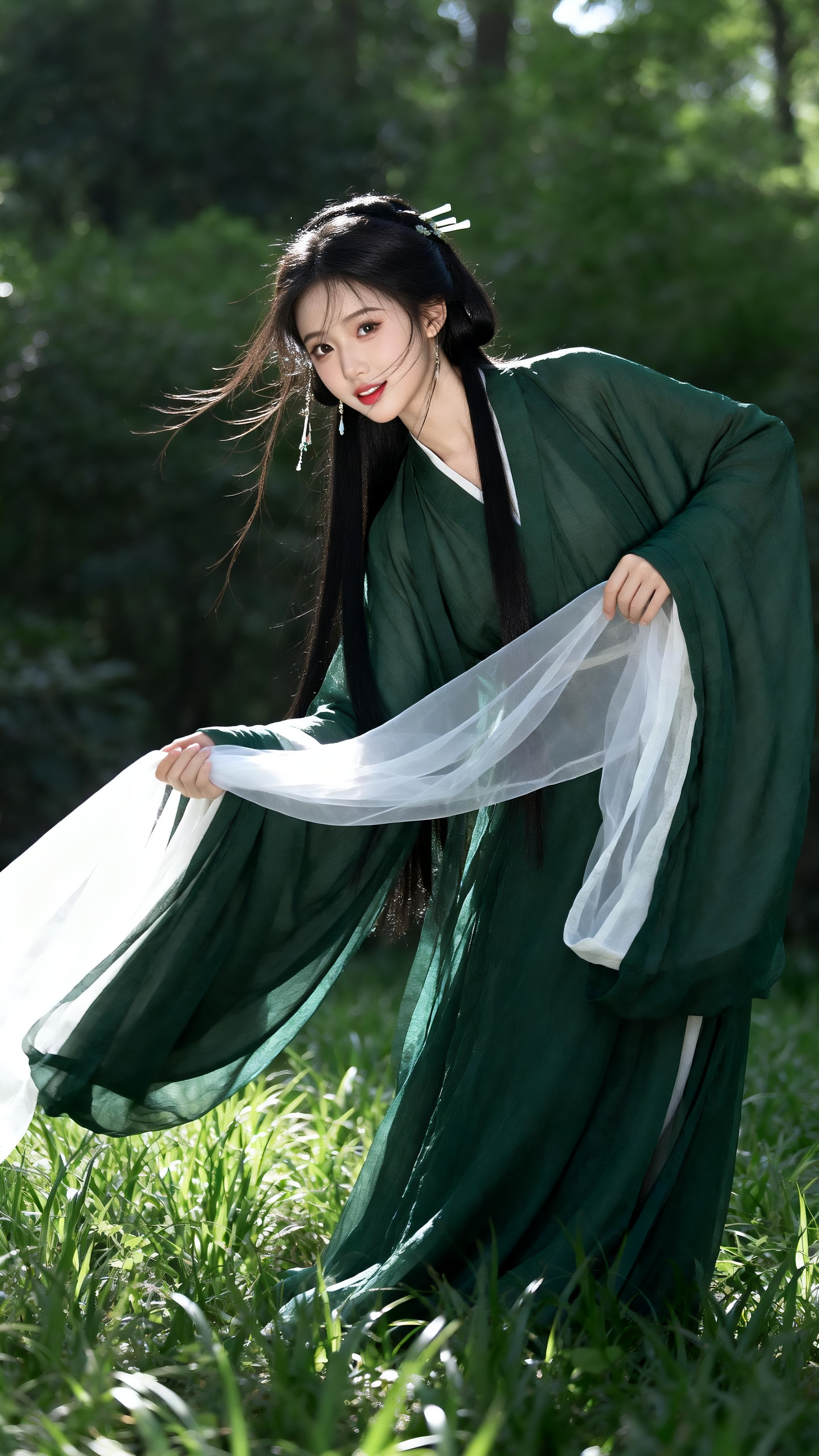 真实摄影，亚洲高颜值美少女，黑色长发，身着墨绿色汉服，衣袖宽大飘逸，手持白色薄纱，站在茂密的绿色草地中，背景是绿意盎然的树林。古风，自然，清新，灵动，优雅，（电影级面光：1.6），（光线追踪：1.5），（冷白皮漫感质感… - AI提示词参考图，来自西西提示词
