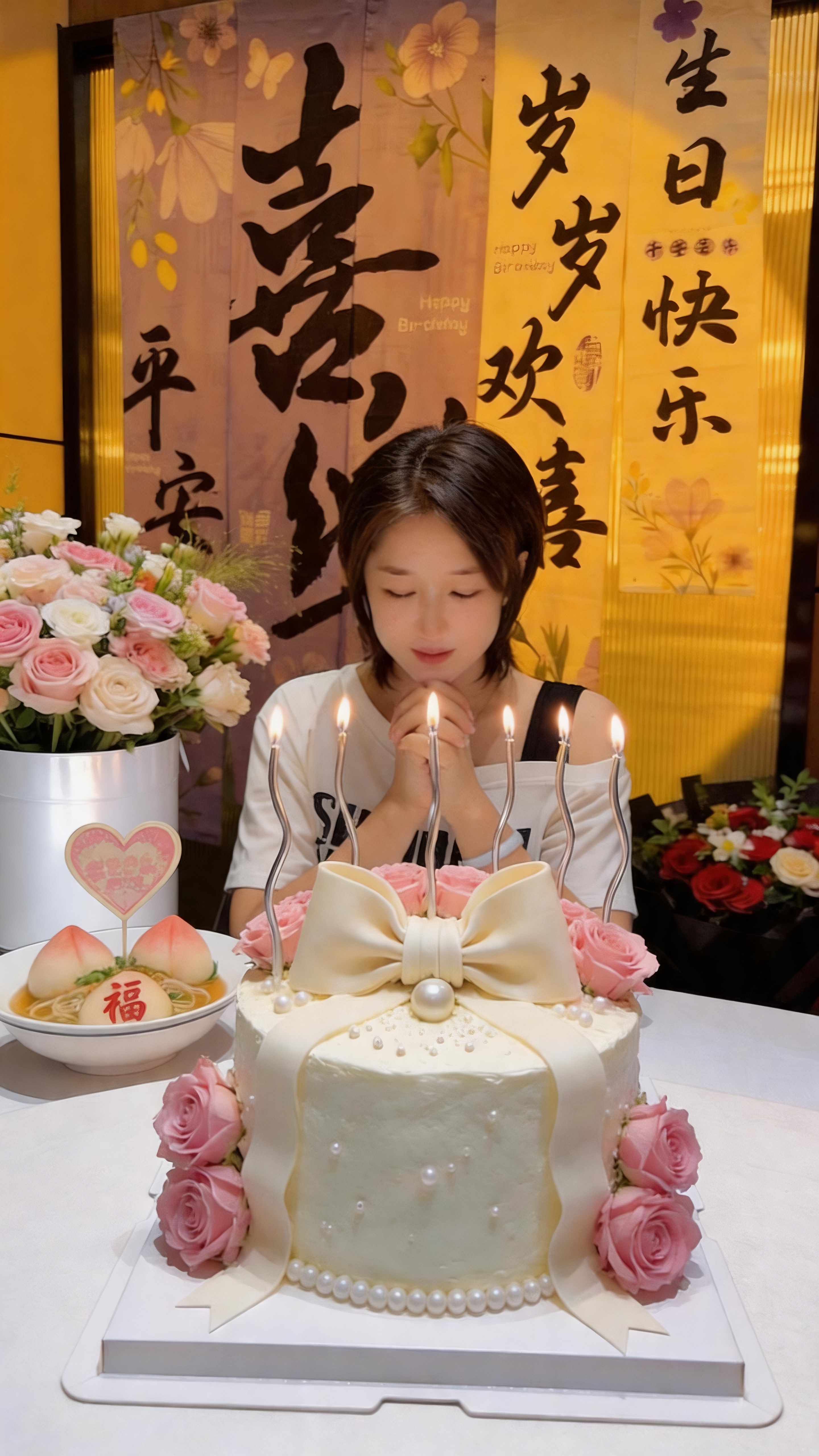 ##把这张图片中的粉色玫瑰花下面的花瓶换上亮色抱筒 - AI提示词参考图，来自西西提示词