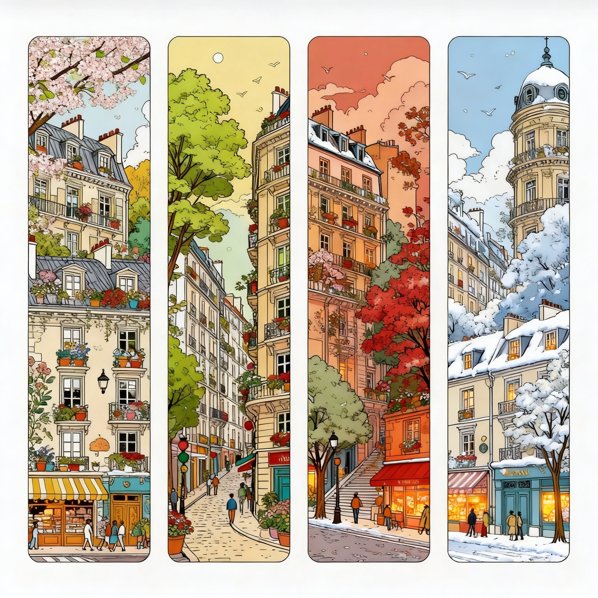 ##春夏秋冬四季的极繁主义插画，以四季街景变化为内容，精美的矢量图片，四张竖向书签形式排列 - AI提示词参考图，来自西西提示词