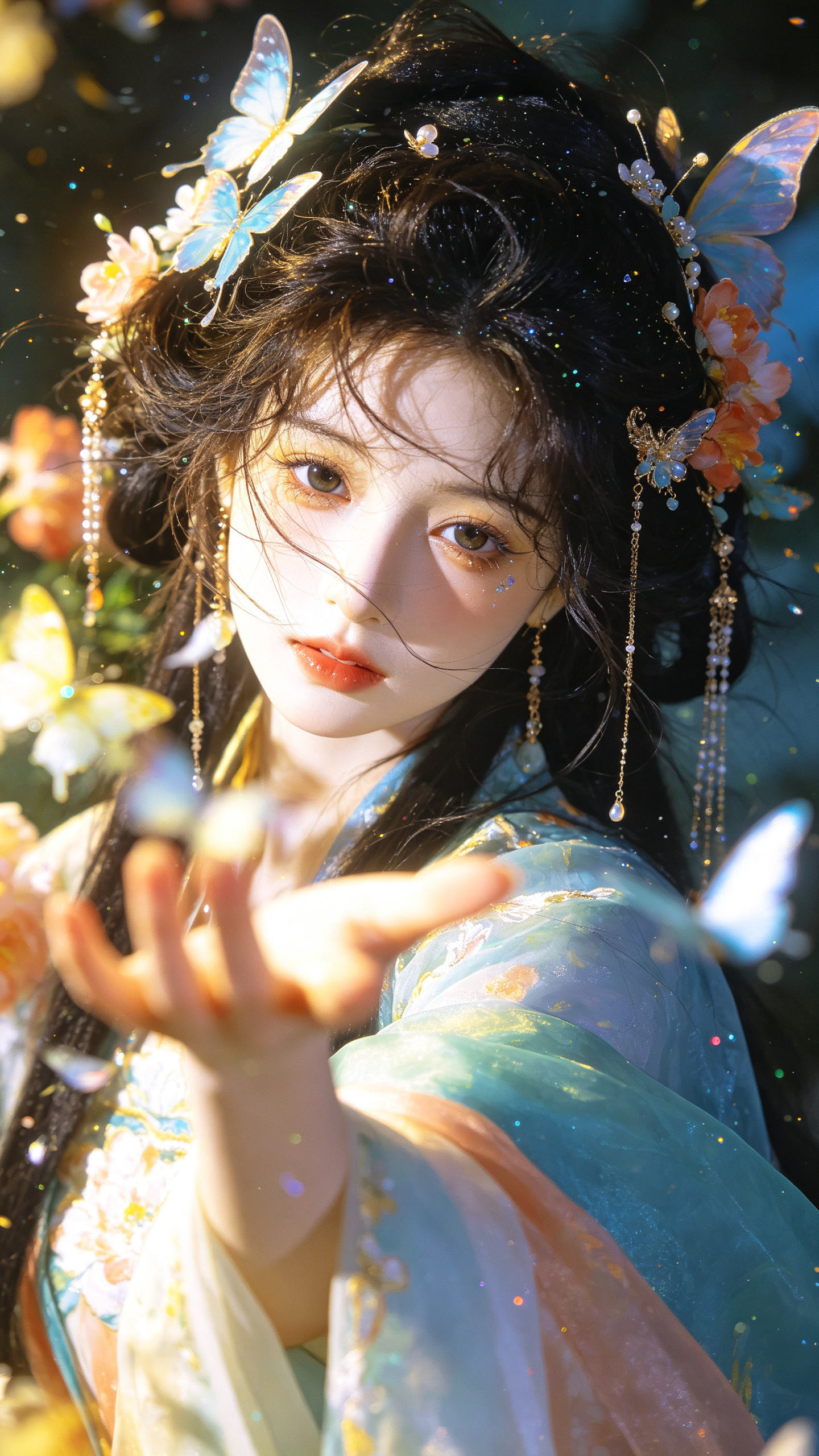 胶片摄影，镜头语言，淡彩，个性视角，美人，华美发饰，嬉戏，盛夏，汉服。发饰和服装颜色相映衬，风情妩媚天真而不自知，楚楚可怜，细节丰富，光线明暗交接，高对比度，高颜值，光，层次丰富，朦胧美学，光的美学，lomo效果，高级… - AI提示词参考图，来自西西提示词