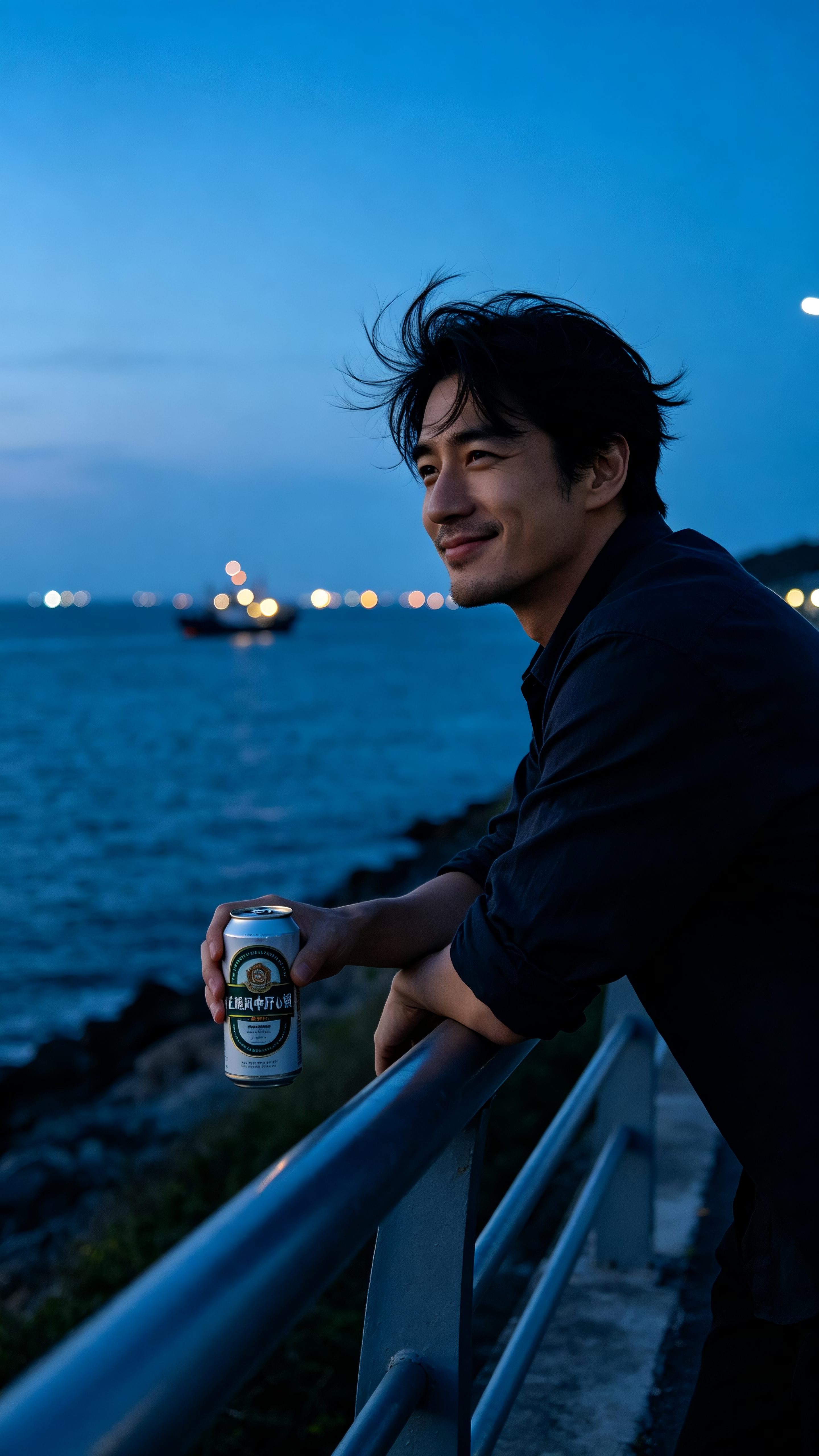 日落后半小时的“蓝调时刻”，海边公路栏杆旁，男人的手随意搭在栏杆上，手里拿着一罐啤酒。背景是深蓝的海面和远处星星点点的渔船灯火。强风吹乱了他的头发，但神情是放松微笑着的。背景虚化，前景锐利，强调“在晚风中敞开心锁”的惬… - AI提示词参考图，来自西西提示词