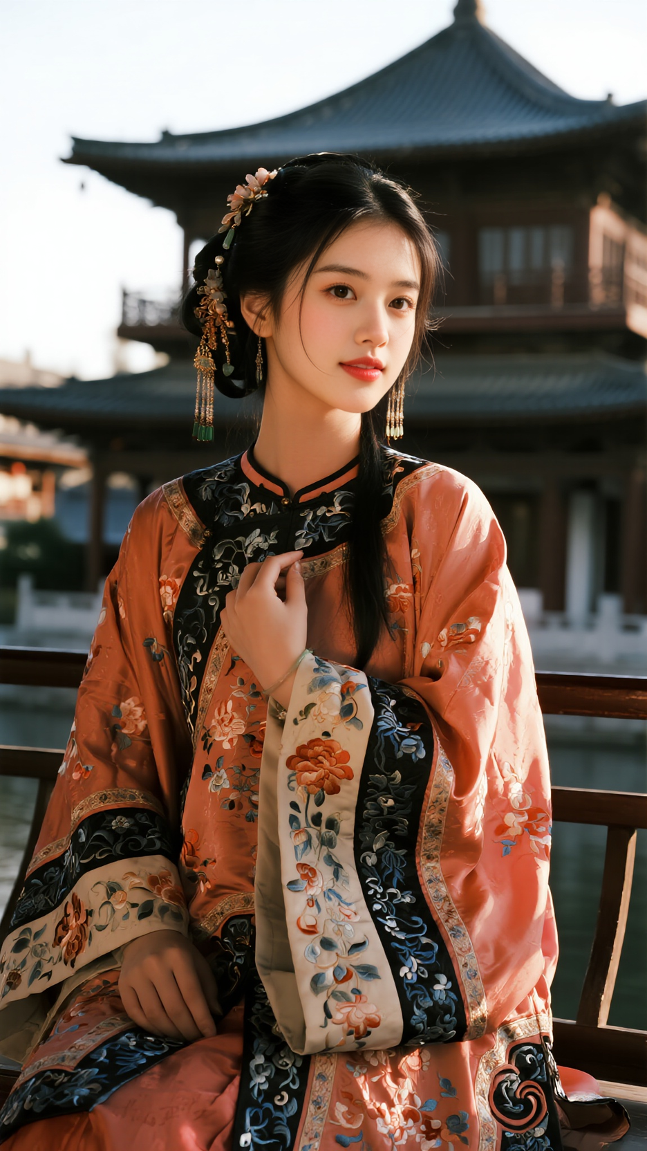 ##现代风格呈现古典场景，注重人物的细腻刻画、服饰的色彩光鲜华丽质感以及环境的精致描绘，展现出时代独特的韵味和氛围，光影对比巧妙，构图富有美感，色彩浓郁且协调，让整个画面充满强烈的艺术感染力，背景现代江南 - AI提示词参考图，来自西西提示词