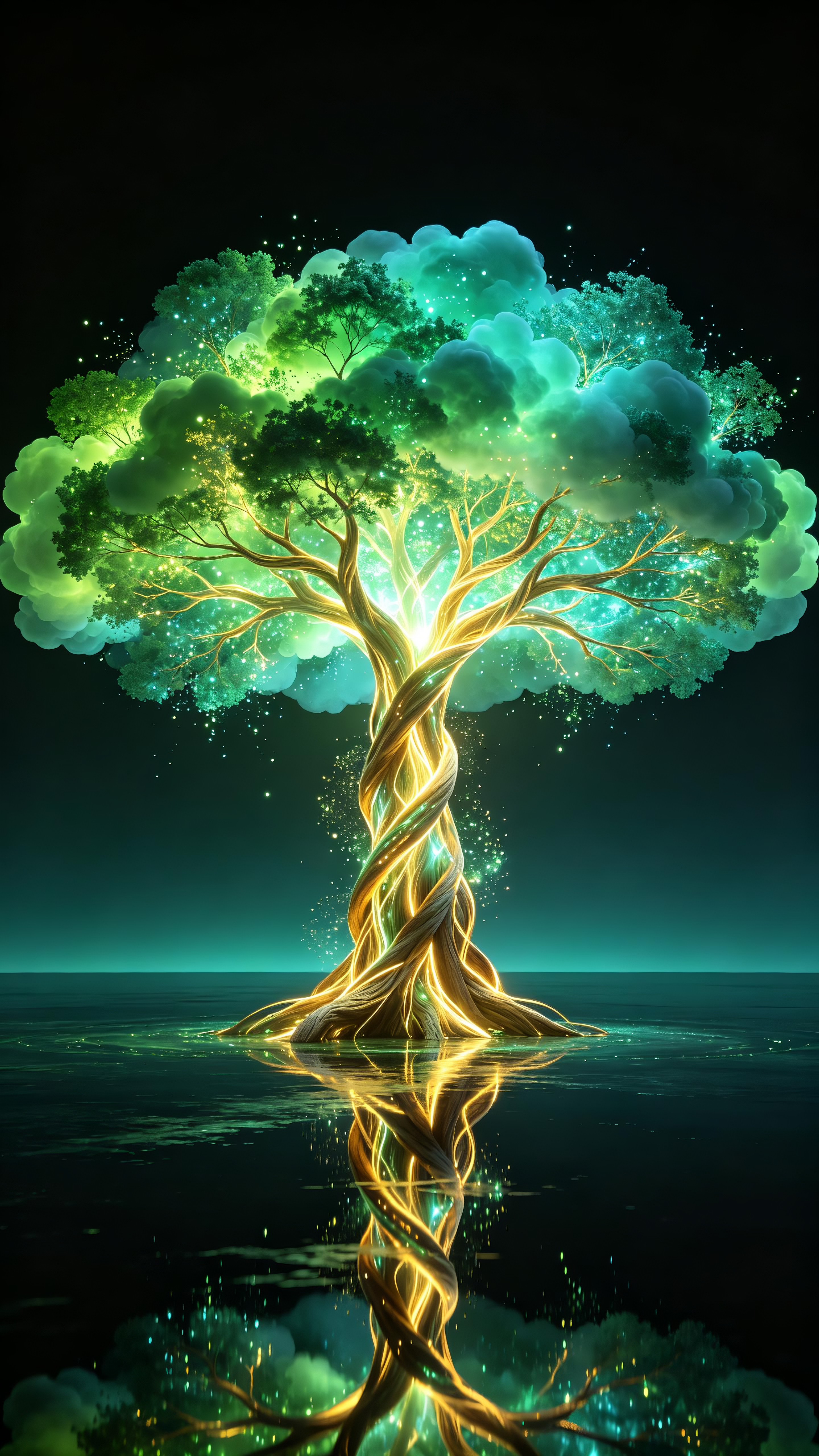 主体与构图： 竖版电影级海报。画面主体为一棵巨大的发光能量之树，树冠呈宽阔伞状结构横向铺满画面上半部，枝条向两侧无限舒展。树干由多股扭转交织的金色发光纤维与能量脉络构成，融合木质纹理与流动光束，坚实而通透。 细节与特效… - AI提示词参考图，来自西西提示词