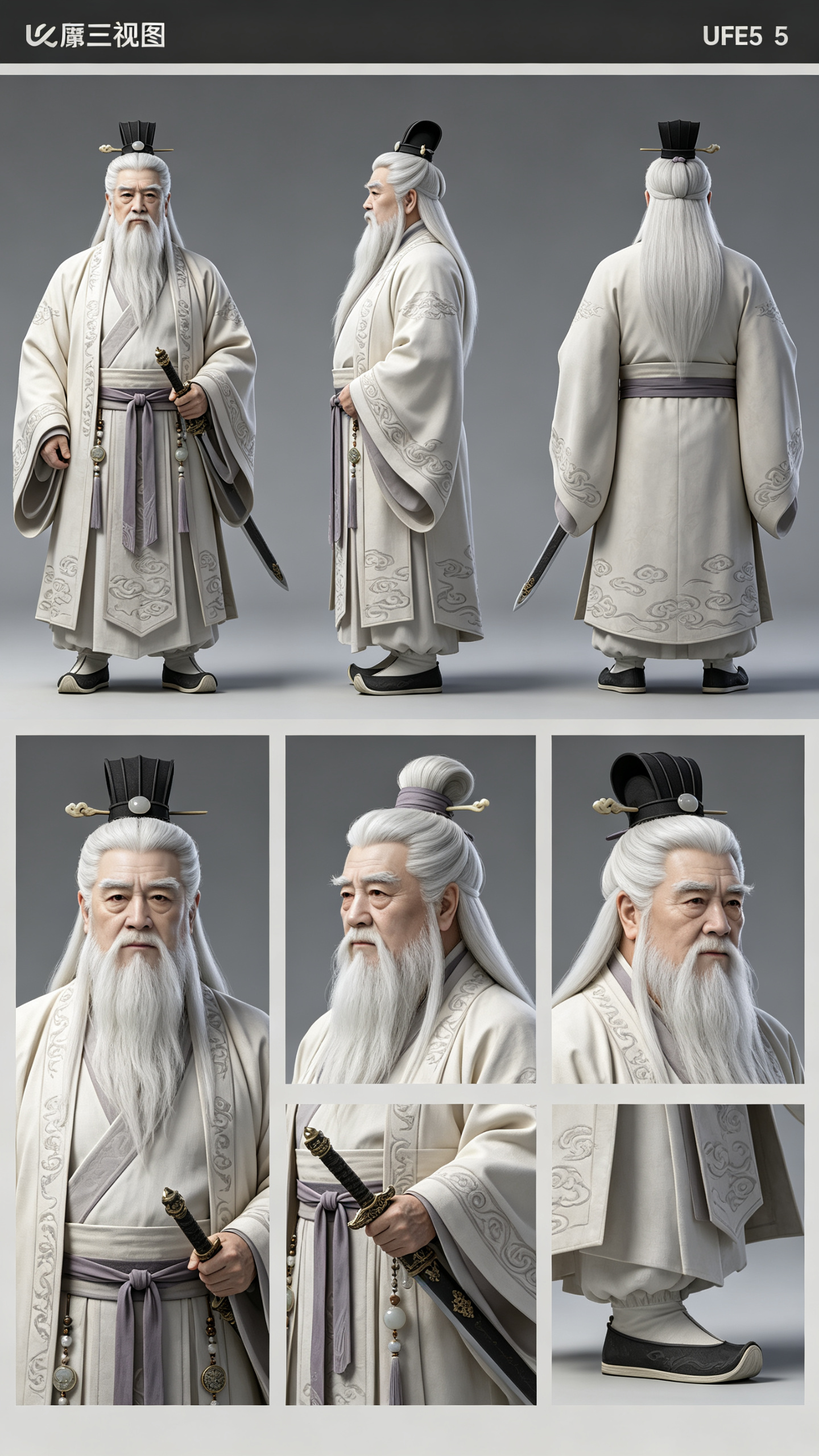 画面风格：3D写实风格，UE5渲染，细节超高清。根据以下：描述 全画面三分之二区域为【角色三视图区】横向并列3张全身视图（正面/侧面/背面） - 要求：人物大小一致、比例协调，不重叠、不偏移 下方三分之一区域 —— 【… - AI提示词参考图，来自西西提示词
