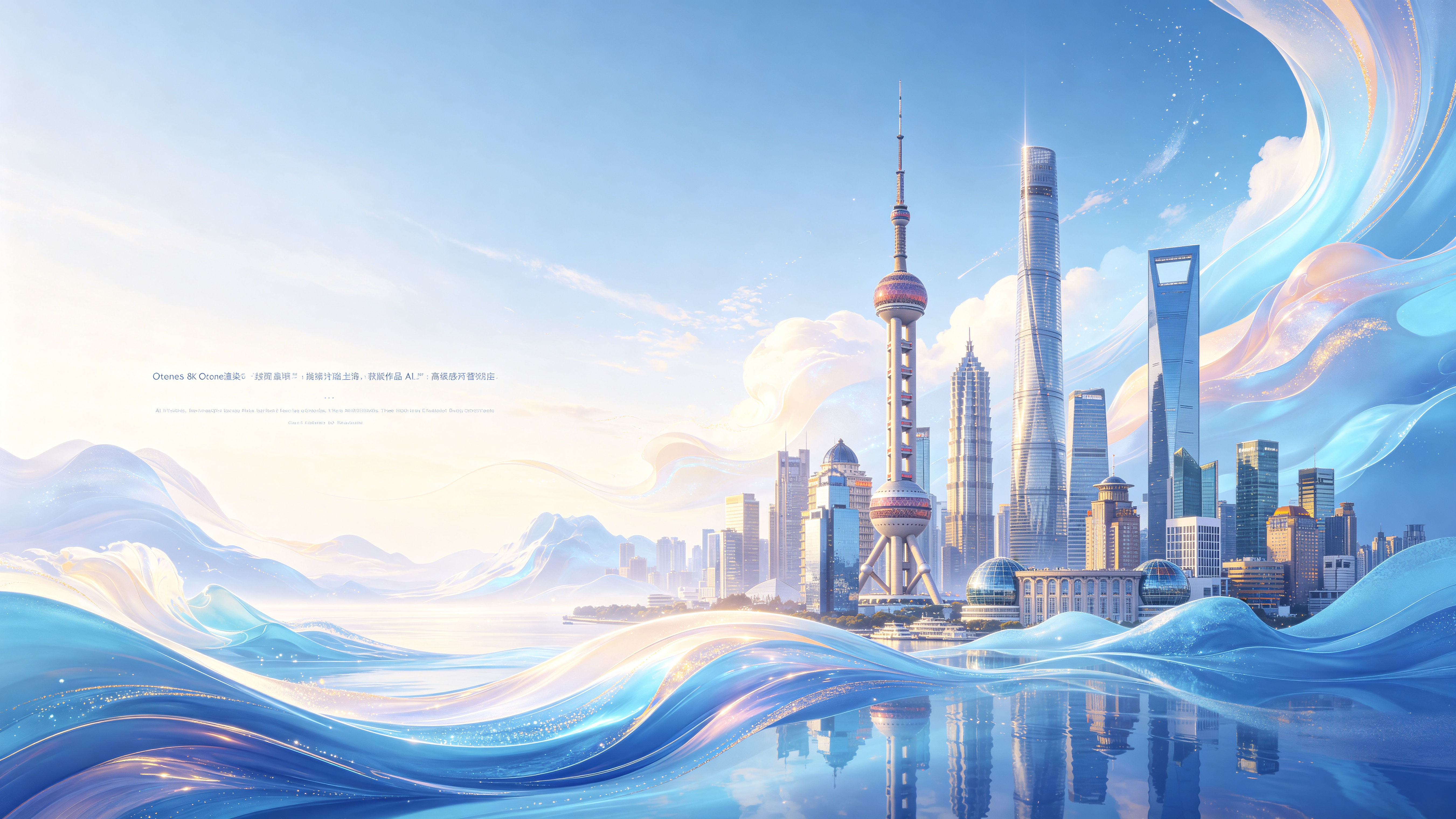 封面图，无文字设计，左侧留白，图中片中显示上海城市地标（+ AI效果，蓝白渐变色，图片中不要有文字，Octane 渲染，8K高清画质，质感，肌理感，梦幻的，耀变，反射，艺术抽象，诗意的，高级，杰作，极具视觉冲击力，获奖… - AI prompt reference from CC Prompt Galaxy