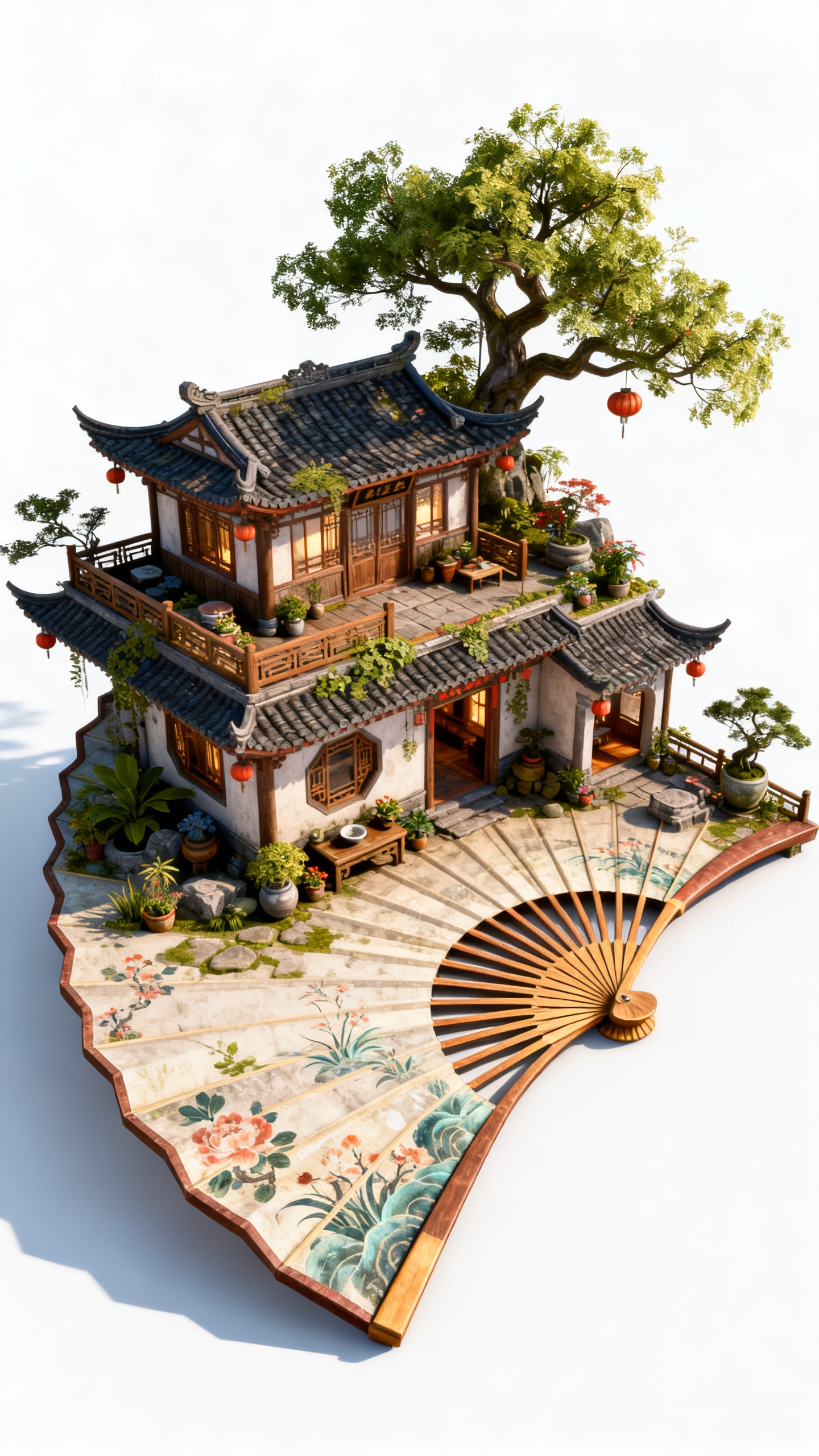 次世代游戏小场景，白色干净背景，扇形民宿，3d模型，鸟瞰45度斜视角，虚幻引擎，超多细节，次世代模型，高模，国风，高清，4k，写实，极繁主义，全景 - AI提示词参考图，来自西西提示词