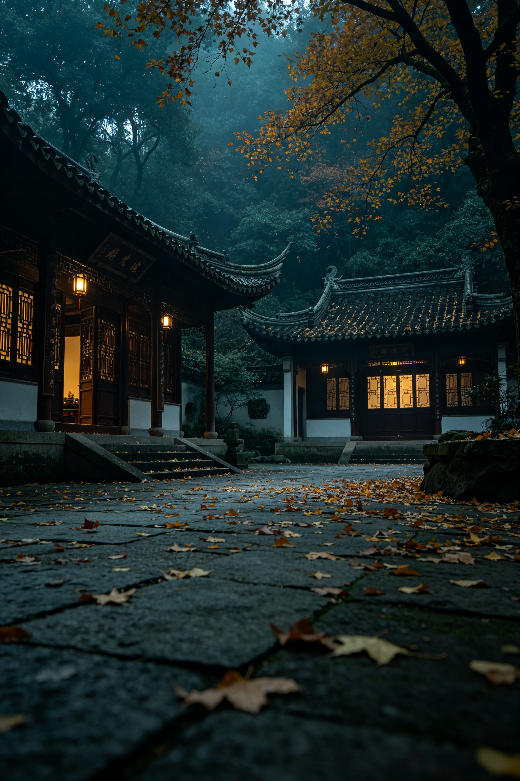 古代，古寺内，前方是两间厢房，地上有落叶，秋风萧瑟，凄凉惆怅感。景致真实清晰，既视感，浪漫感，强烈的胶片颗粒质感，杰作，电影质感，电影质感，刻画环境事物，刻画环境景致。大师构图，古风，专业镜头，故事感。写实质感，Pan… - AI提示词参考图，来自西西提示词