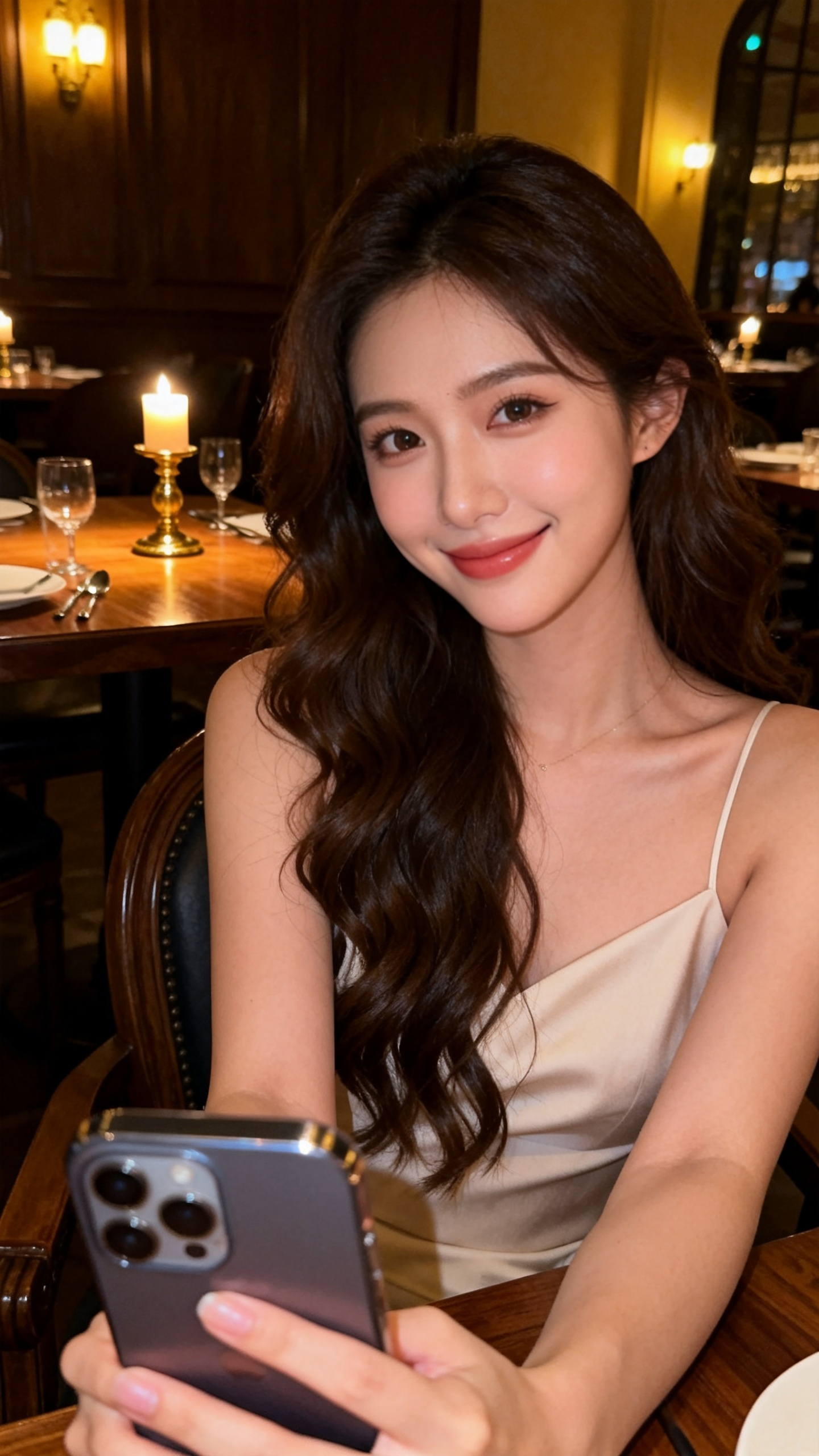 生成一个抖音风格写实网红女生，深棕色头发。在外面吃饭，高档西餐厅，昏暗柔和灯光，妆容精致，一张iphone照片风格，自拍照，自然写实，画质不需要太好，一张随机普通自拍照，不要过于高级，要随和一点。眼睛看镜头，表情自然， - AI提示词参考图，来自西西提示词