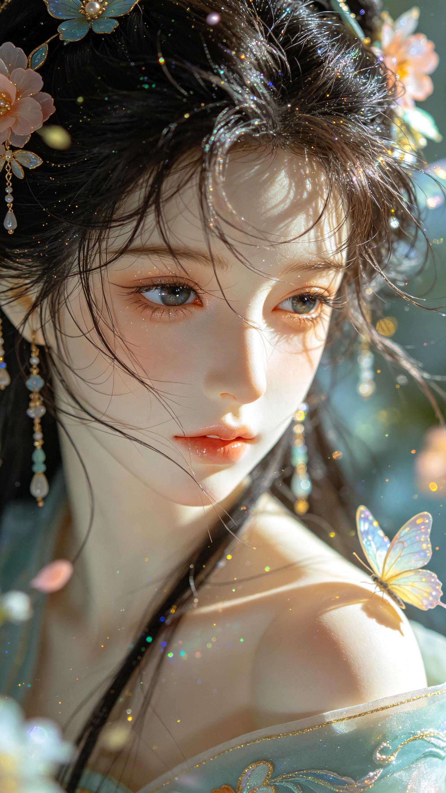 胶片摄影，镜头语言，淡彩，个性视角，美人，华美发饰，嬉戏，盛夏，汉服。发饰和服装颜色相映衬，风情妩媚天真而不自知，楚楚可怜，细节丰富，光线明暗交接，高对比度，高颜值，光，层次丰富，朦胧美学，光的美学，lomo效果，高级… - AI提示词参考图，来自西西提示词
