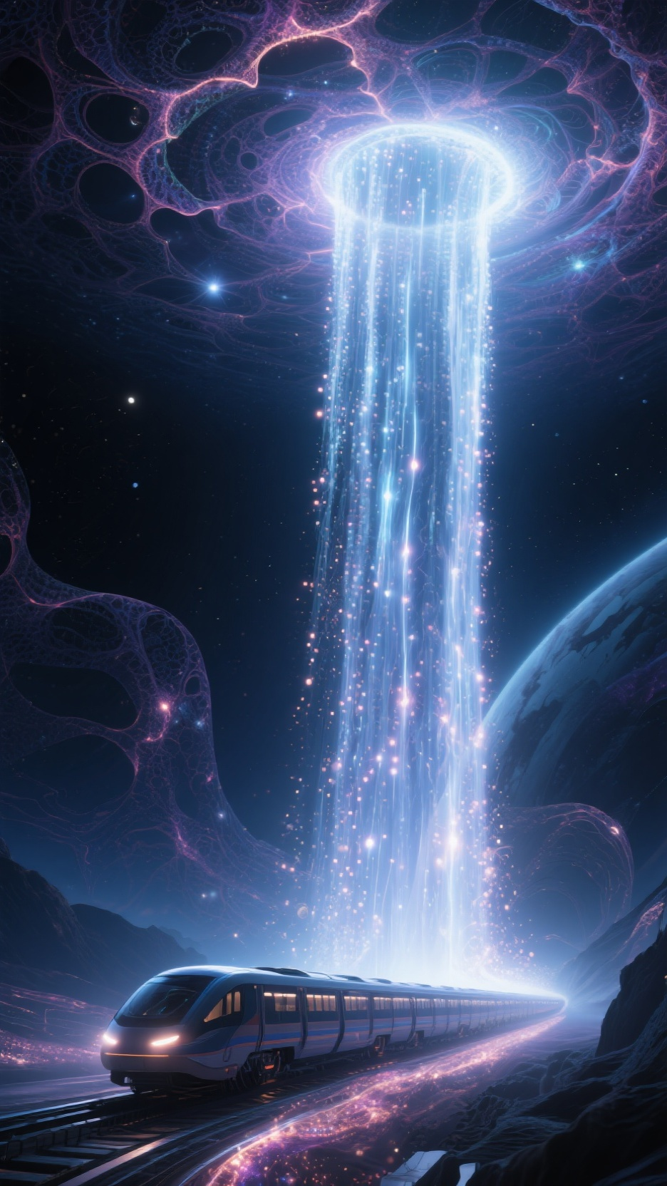 宇宙空间中，用分型算法和混沌算法，创造一个由发光粒子流动形成的，线形巨大瀑布样光柱连接宇宙高维能量，随机的，混沌的，开启阴影投射，高清图片，大师作品时空隧道的浮力列车 - AI prompt reference from CC Prompt Galaxy