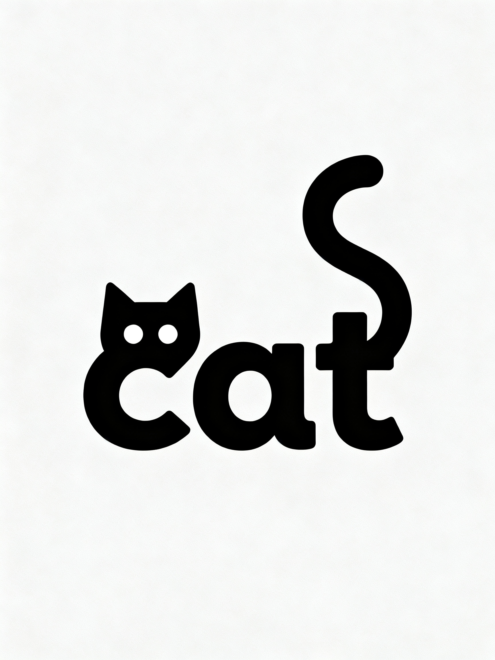 极简黑白logo设计，将英文单词“cat”与猫的形态融合，字母a和t清晰可读，整体字形流畅，猫的身体由黑色实心块构成，尾巴向上弯曲形成字母C笔画，猫的眼睛为两个白色圆点，使用负空间设计，整体为扁平矢量风格，线条圆润，边… - AI提示词参考图，来自西西提示词