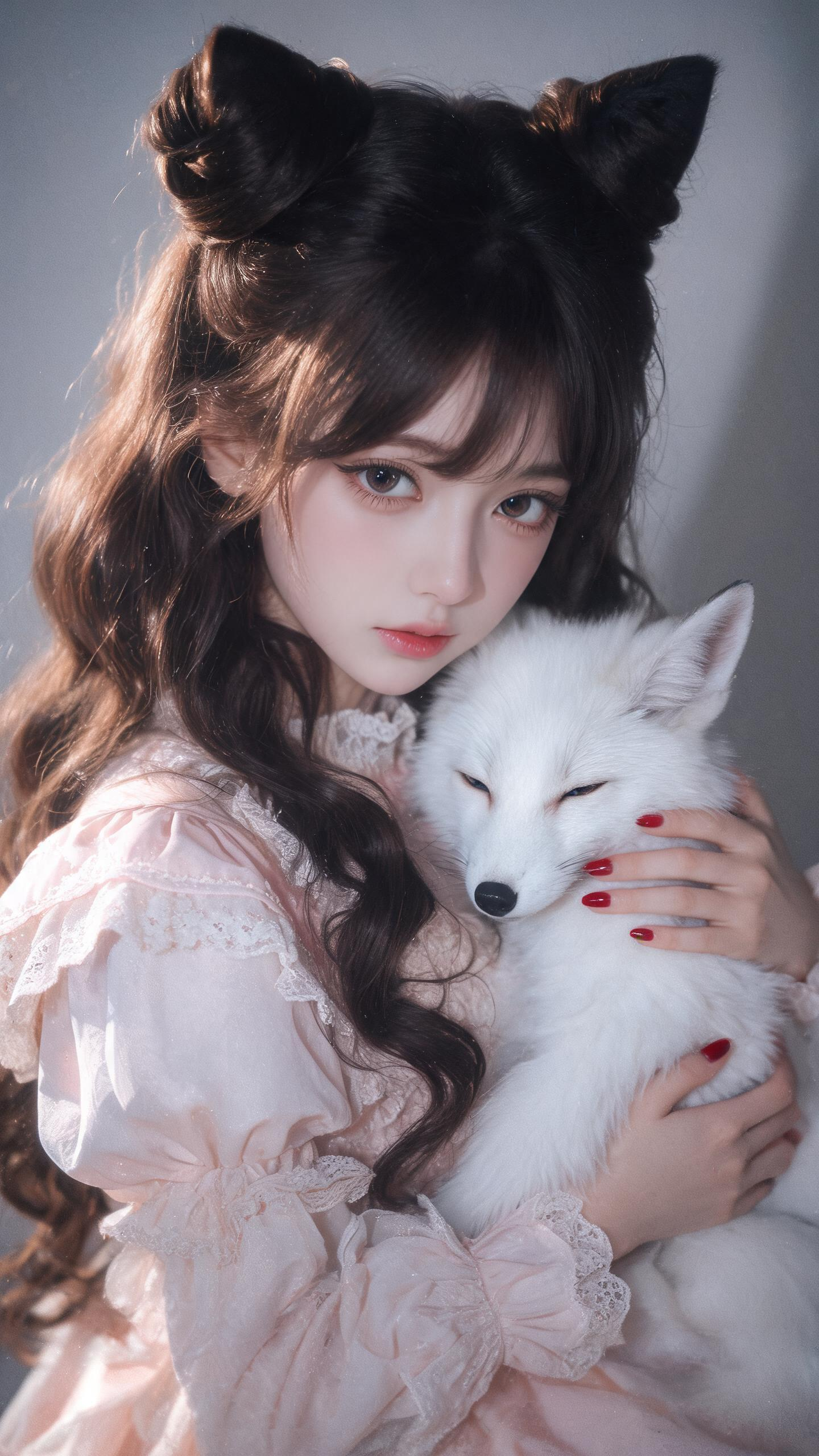 东亚美少女，冷白皮，洋娃娃般精致可爱，美丽动人，深棕色及腰波浪卷发，双丸子头（猫耳形状），身着浅色的洛丽塔洋装，怀抱一只和衣服搭配颜色的白狐狸，在简约背景下呈现甜美温馨姿态。 近镜微俯视视角凸显出画面的冲击力与艺术感。… - AI提示词参考图，来自西西提示词