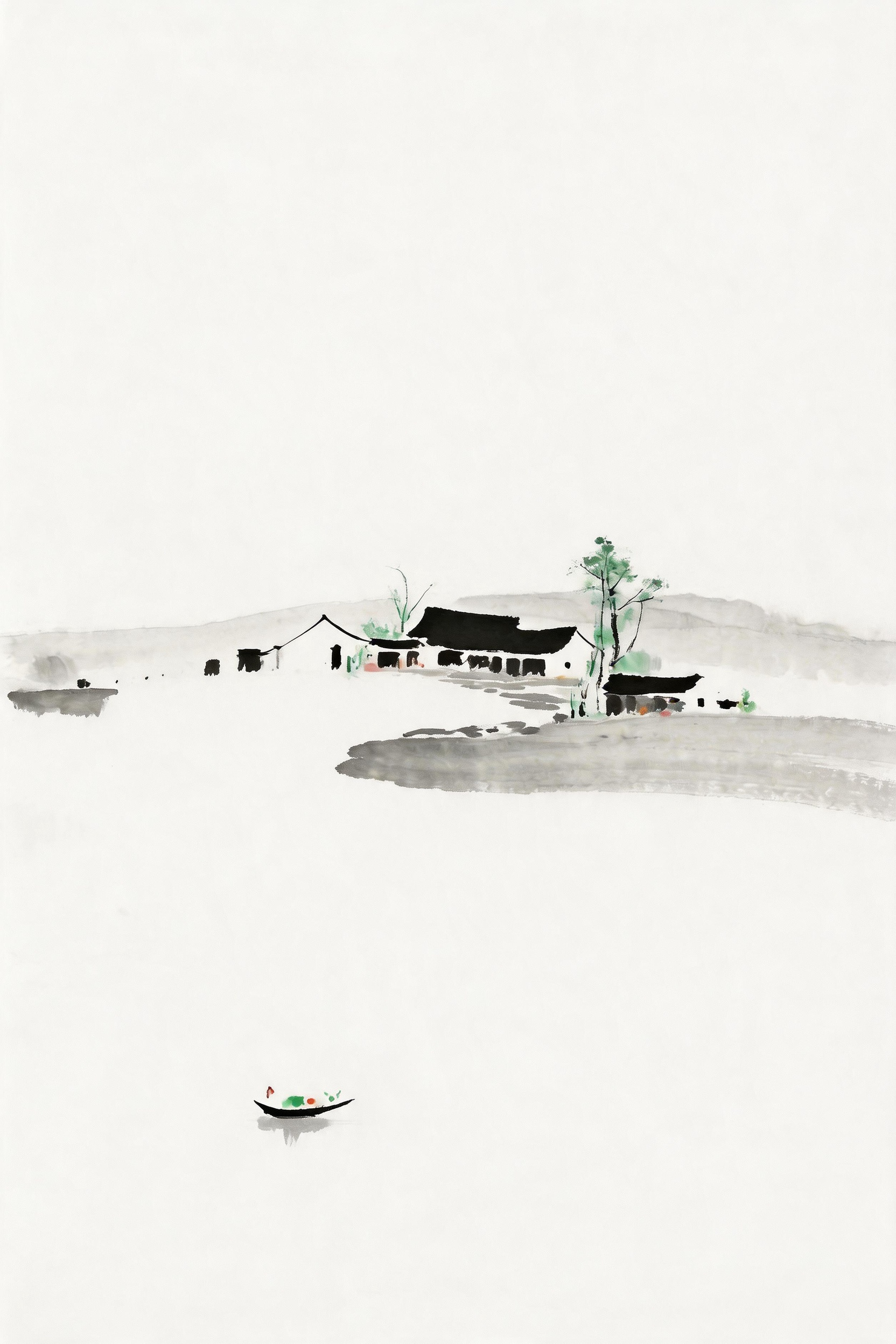 ##手绘极简精炼风格风景插画，质感和肌理，大幅留白，背景纯白干净，惊艳小景，插画位置位于画面正中，（约占画面四分之一） - AI提示词参考图，来自西西提示词