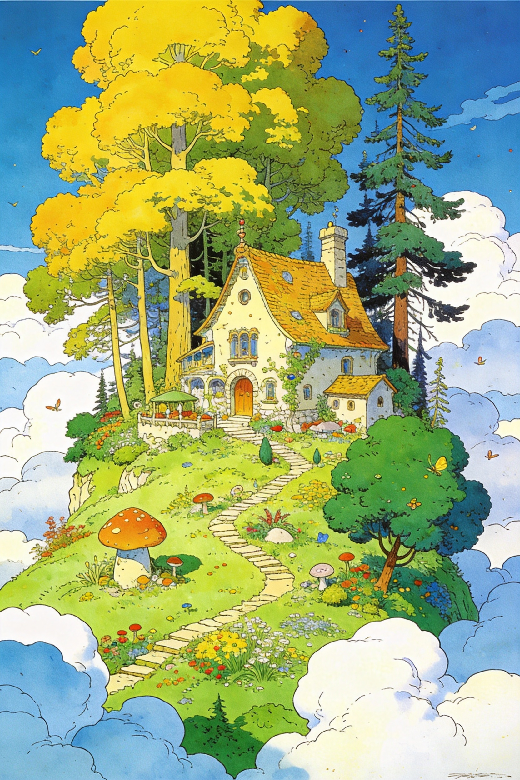 Moebius (Jean Giraud)风格，极繁主义，极致表现力，大师级视角，浪漫感，细节完美，大师杰作。建立在云朵中间的森林秘境，绿野仙踪，画面干净，色彩丰富，整体画面运用明亮鲜艳的黄、绿、蓝色为主色调，营造出一… - AI提示词参考图，来自西西提示词