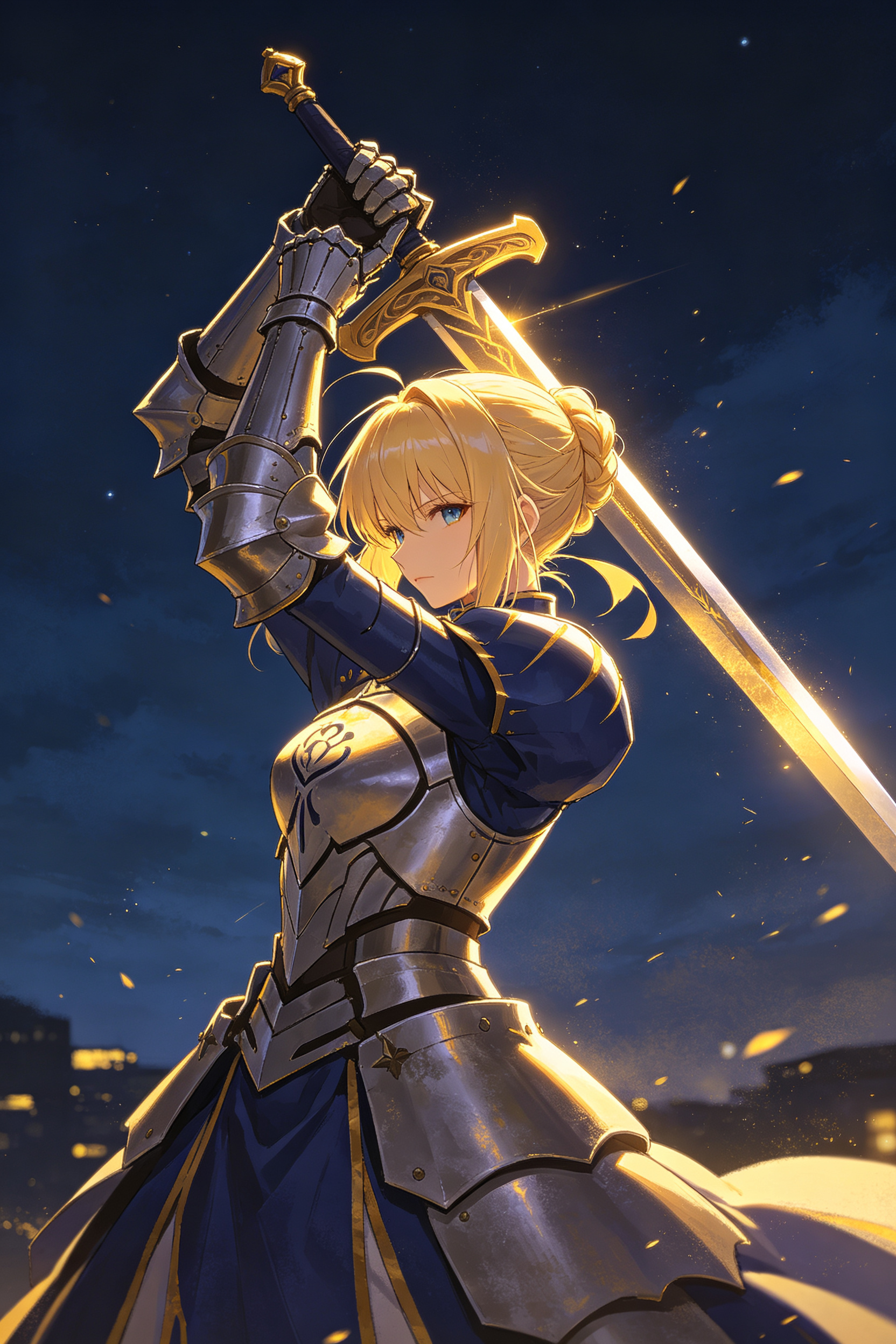 动漫插画 命运之夜saber,金发盘发,经典轻铠甲服饰 微侧身,双手握剑柄高举过头顶,剑身横放 夜景,剑身金色光芒, - AI提示词参考图,来自西西提示词