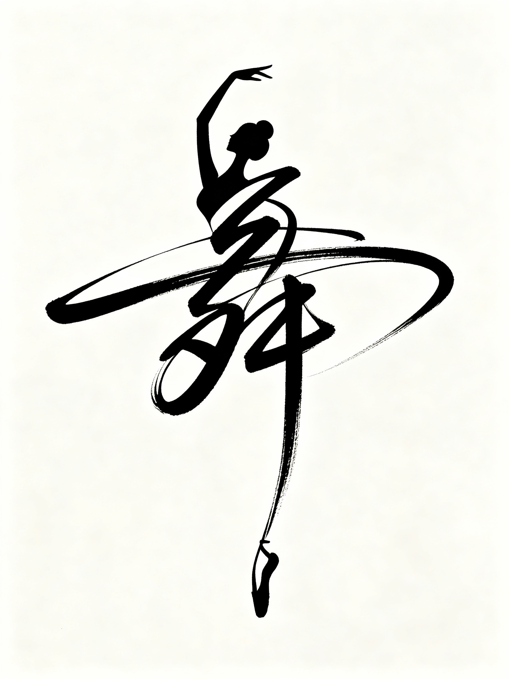 怀素/王羲之草书“舞”字，狂草风格结合抽象芭蕾舞，极致简化写意连笔，形似舞者，兼备舞者神韵，顶部笔画形似舞者的舒展头手剪影，中间核心结构采用极致写意的纵横飘逸线条穿插，好似婀娜舞姿，长横之后的笔画以连续曲线代替，最后向… - AI提示词参考图，来自西西提示词