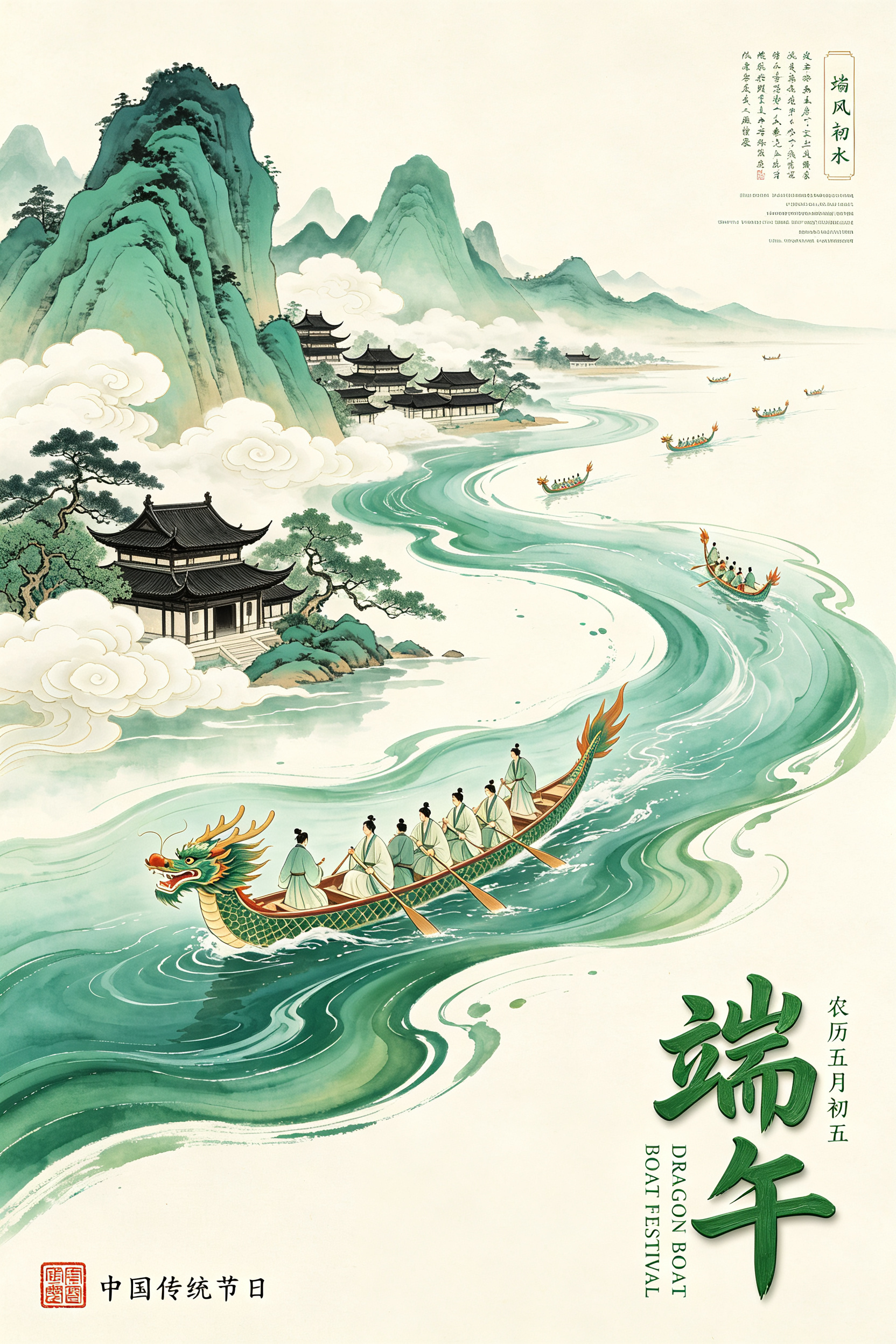 竖版端午国潮插画海报，宋代青绿山水长卷工笔风格，浅米宣纸纯白底色，画面中心蜿蜒大面积流体大理石渐变青绿色江水，波纹流动晕染质感，江水间漂浮多艘古风龙舟；前景主龙舟上多名穿素雅古风汉服古人持桨竞渡，远景江面散落小型龙舟；… - AI提示词参考图，来自西西提示词
