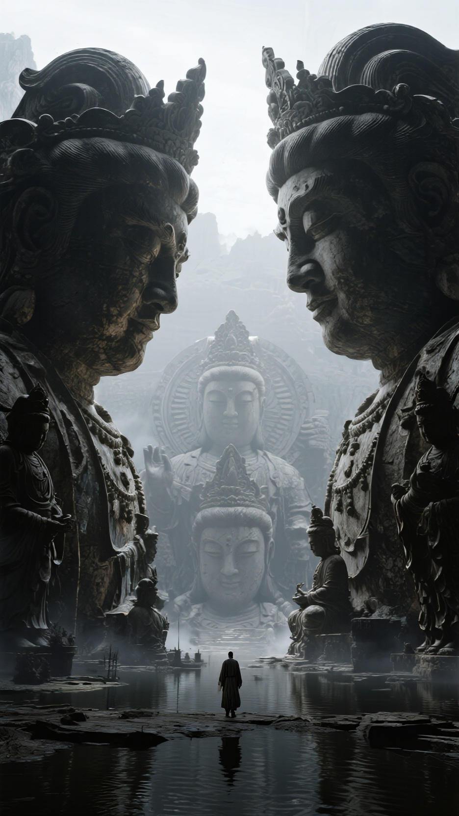 生图：暗黑系，普罗米修斯电影风格，铅灰色调，画面黑灰二色为主，巨大的复杂雕刻石门位于屏幕两侧，门上雕刻斑驳的巨型凶恶护法天王的脸（脸部参考佛教中护法形象），里面是通往无限幽远深邃的复杂洞穴，洞穴两侧是无数大小不一的佛教… - AI提示词参考图，来自西西提示词