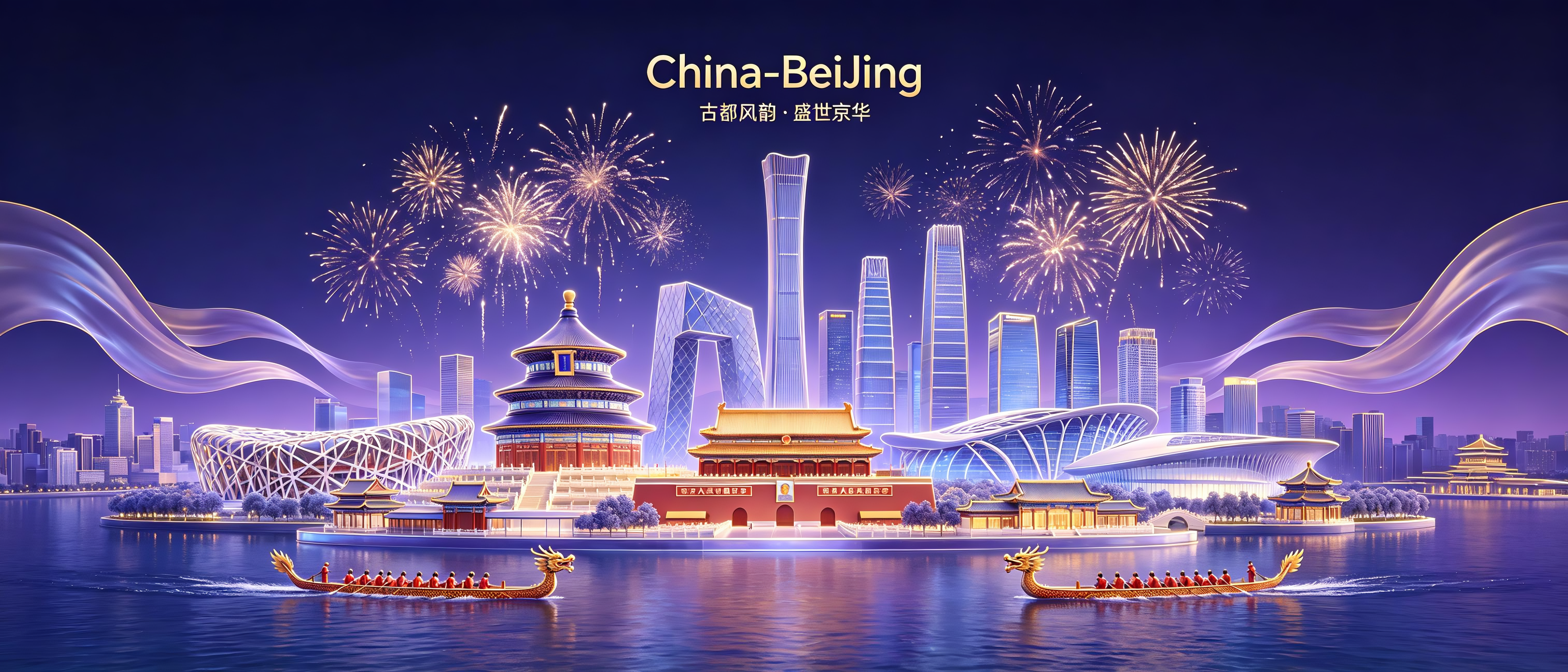 矢量插图，透明磨砂玻璃材质，深蓝紫渐变，背景有烟花多一点，北京地标建筑群合集，有立体的天坛、立体的北京鸟巢、立体的天安门，水面划过龙舟、立体的大兴机场、立体的中国尊、立体的国贸楼群、立体的雁西湖国际会议中心，立体的皇家… - AI提示词参考图，来自西西提示词