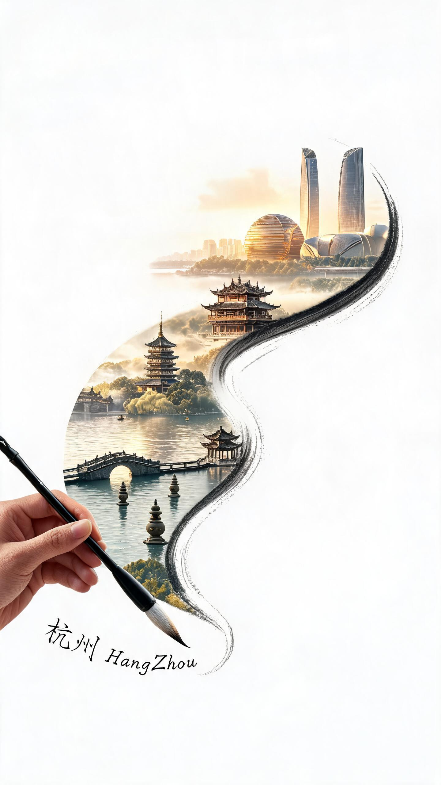 一支正在绘画的毛笔，描摹出一条由左下到右上的笔迹曲线，笔迹里是微观的中国杭州地标性景观，西湖湖面烟波潋滟，从断桥、雷峰塔、三潭印月、城隍阁、钱江新城日月同辉、杭州之门，水光与暖阳铺满城市的温润磅礴感，画面呈现出立体浮雕… - AI提示词参考图，来自西西提示词