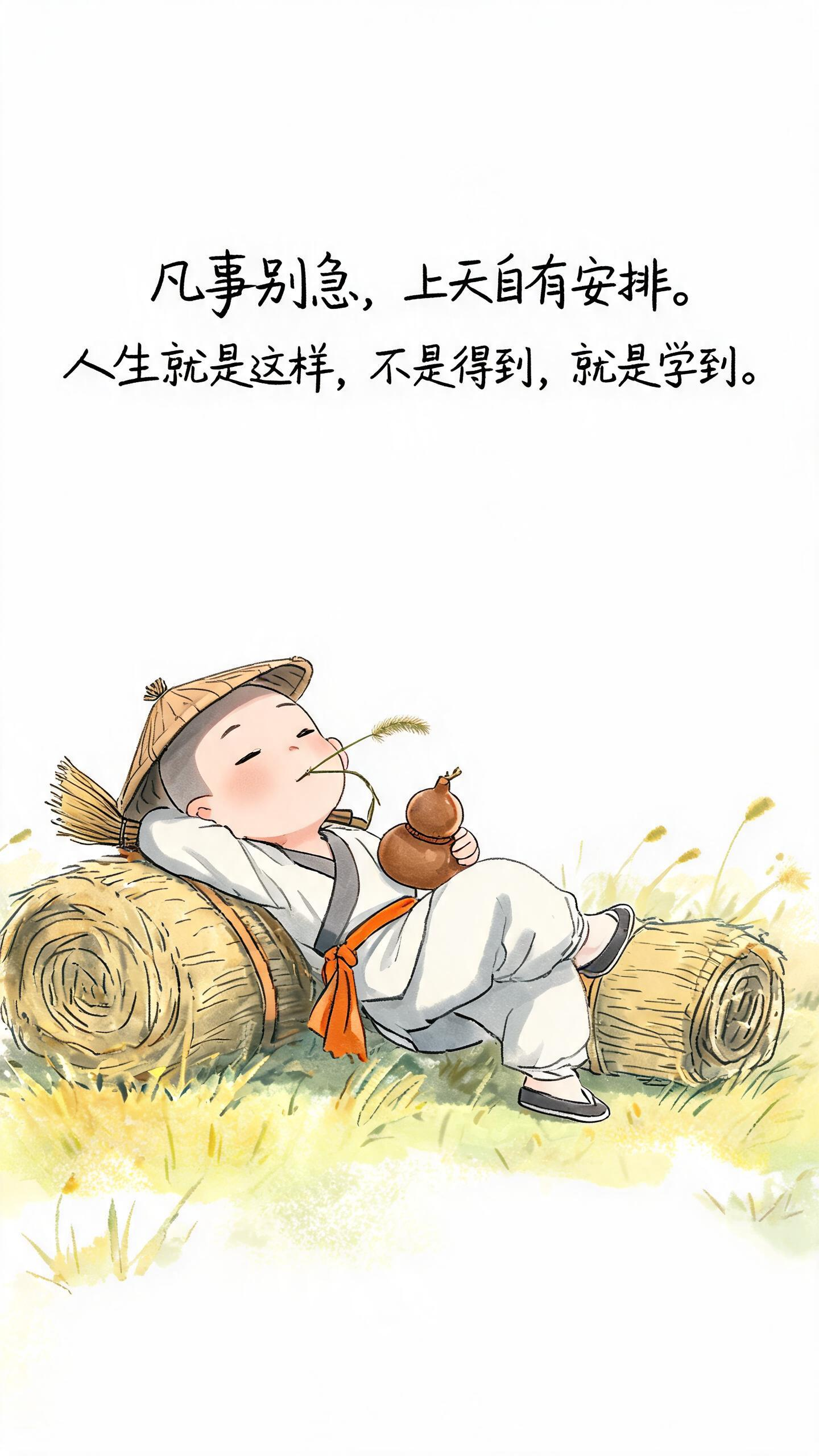 核心元素：画面主体是Q版小和尚，头戴浅棕色斗笠，身穿灰白相间的宽松布衣，腰间系橙色布带，慵懒地斜躺在草垛/竹卷上，头枕着一把旧扫帚，脚边是泛黄的草地；小和尚嘴里叼着一根狗尾巴草，手里把玩着棕色葫芦酒壶，一只脚翘起搭在另… - AI提示词参考图，来自西西提示词