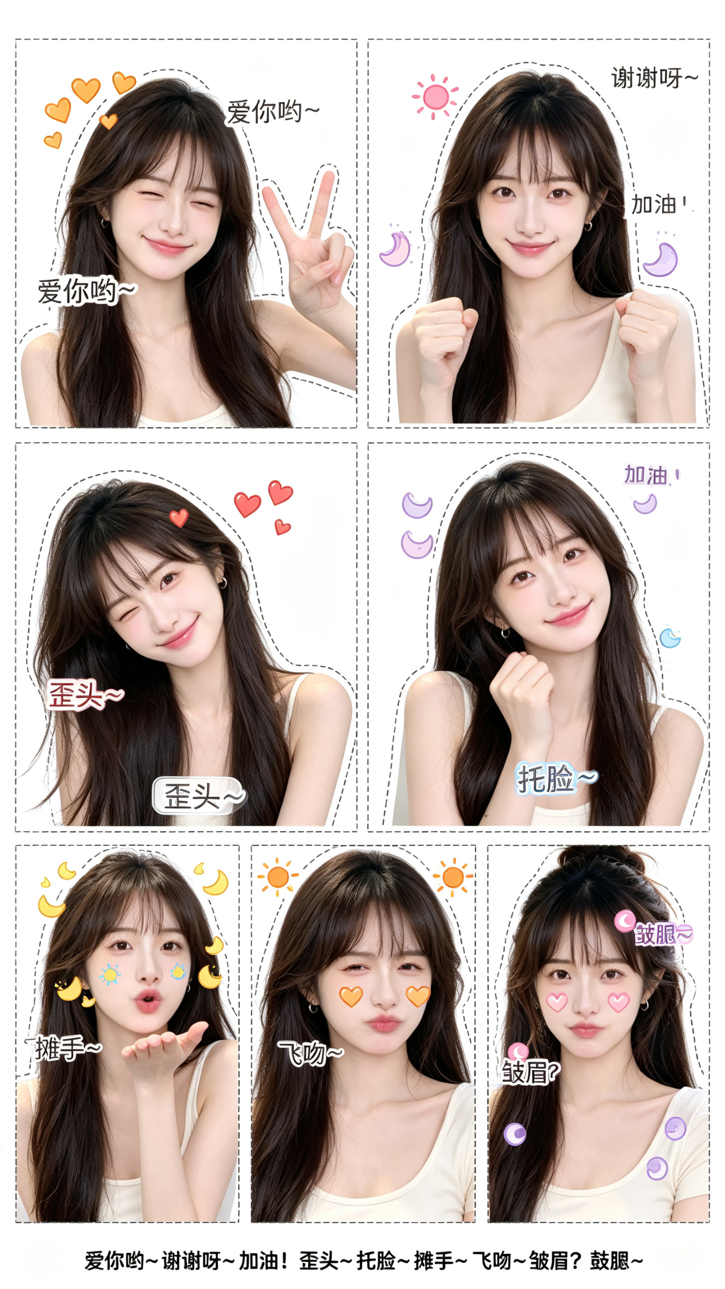 ##生成一张图片,采用3×3九宫格画面布局,每格为独立视觉单元;画面主体是一个年轻女性(参考垫图主体),每个格子中的她都被添加虚线外框以强化line风贴纸的“切割感”;第一格眨眼动作,3颗橙色爱心雨贴纸,情绪文字“爱你… - AI提示词参考图,来自西西提示词