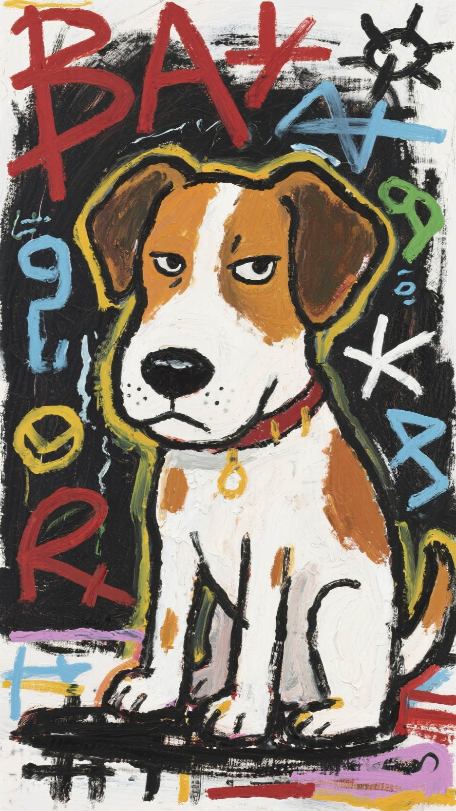 原生艺术风格，粗犷笔触，儿童画般纯真，Jean-Michel Basquiat风格，用粗糙的笔触，满脸慵懒且傲娇看不起人表情的拟人的日本犬，周围是奇怪的符号 - AI提示词参考图，来自西西提示词