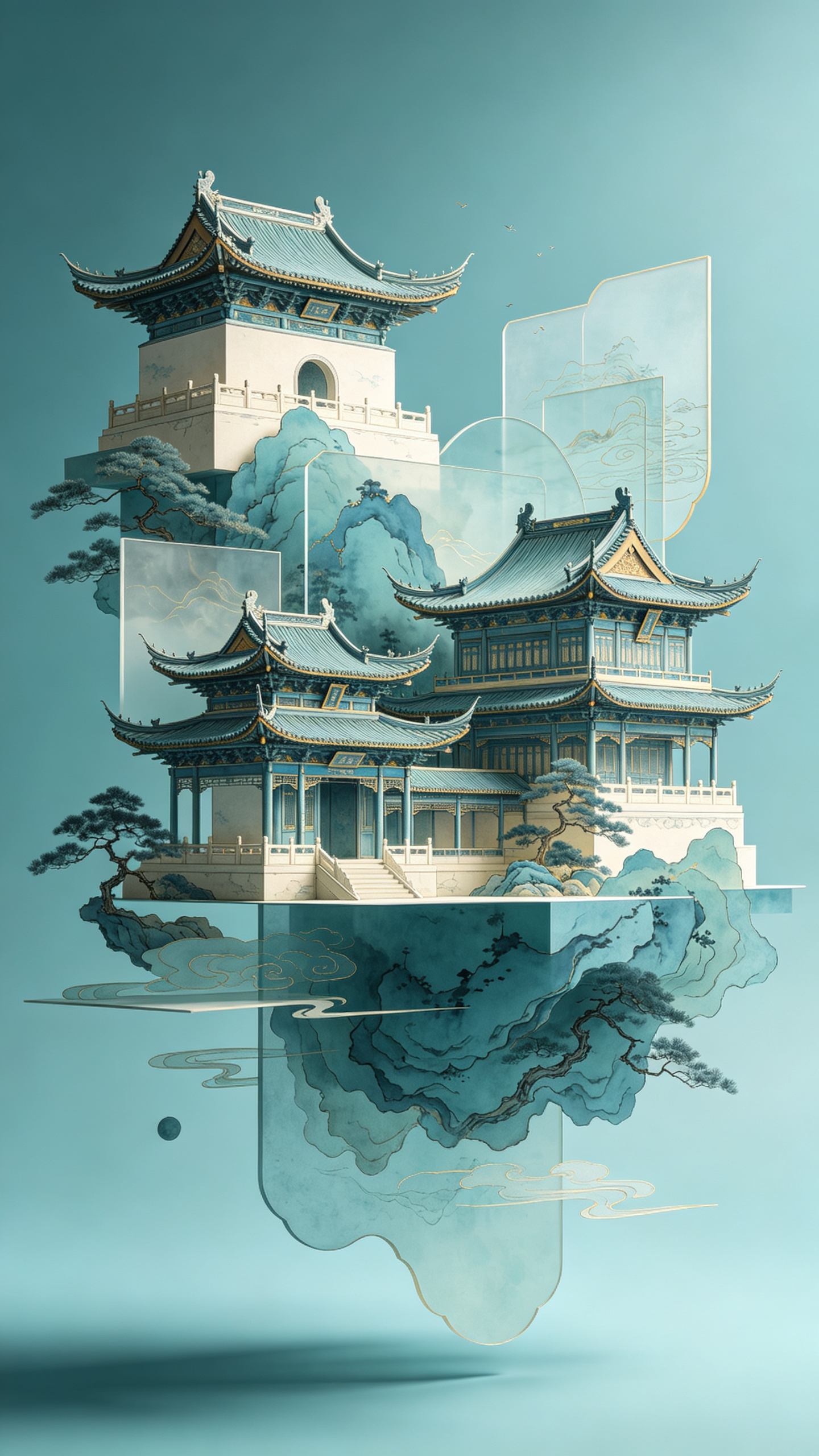 大師級獲獎作品： 东方艺术概念，解构主义，平视视角，極多层次悬浮构图；主体融合多个单独的中式古建筑元素，建筑具手绘细腻肌理，整体配色为天青蓝调莫兰迪色系，背景是天青蓝色調渐变哑光质感；营造出合的东方禅意氛围，采用艺术手… - AI提示词参考图，来自西西提示词