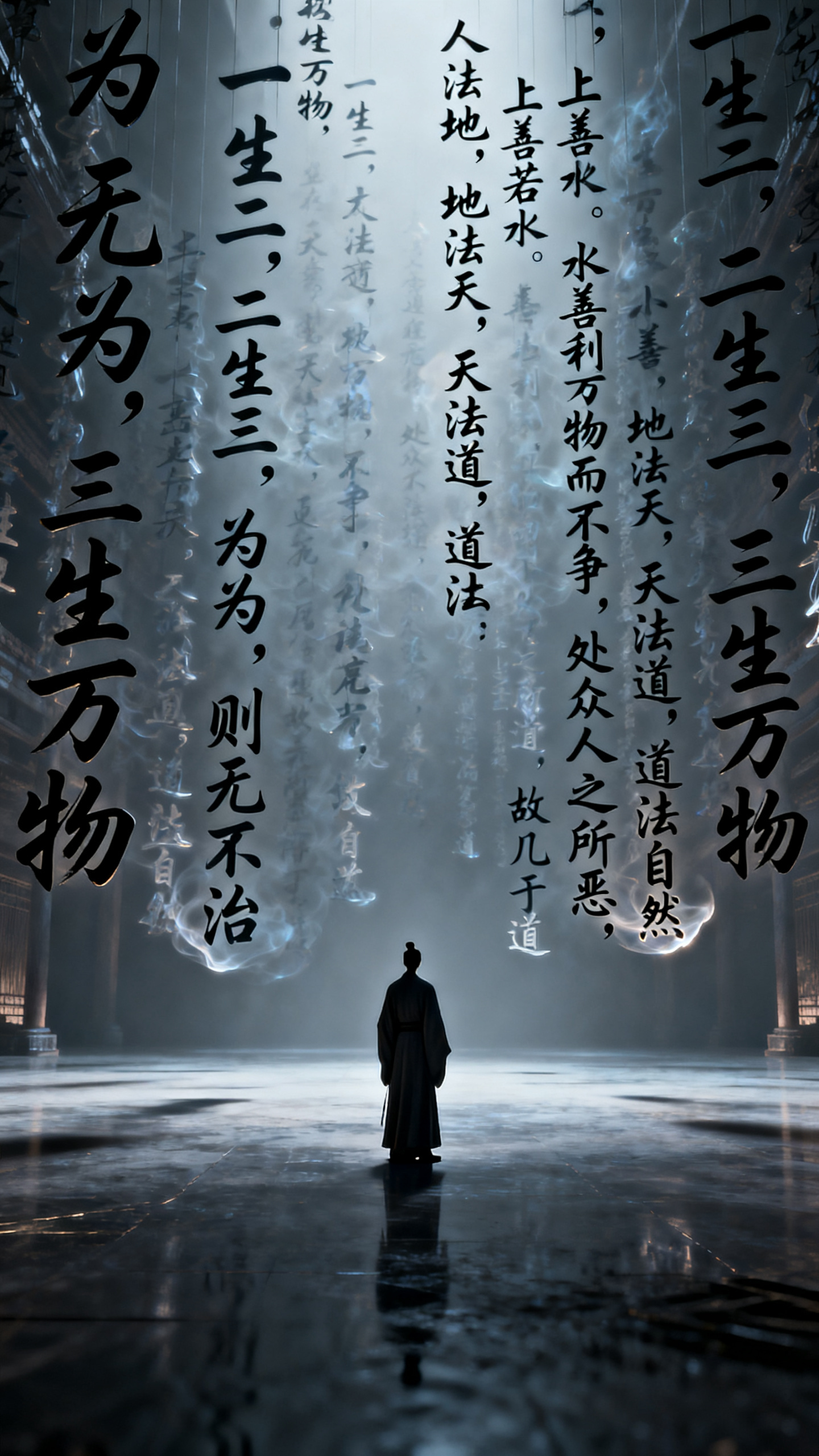 渺小的古装道士剪影，面对着虚化缥缈的书法字飘於空间，抽象艺术，无窮无盡，密密麻麻“‌“一生二，二生三，三生万物。”‌ ‌“人法地，地法天，天法道，道法自然”‌ ‌“上善若水。水善利万物而不争，处众人之所恶，故几于道”‌… - AI提示词参考图，来自西西提示词