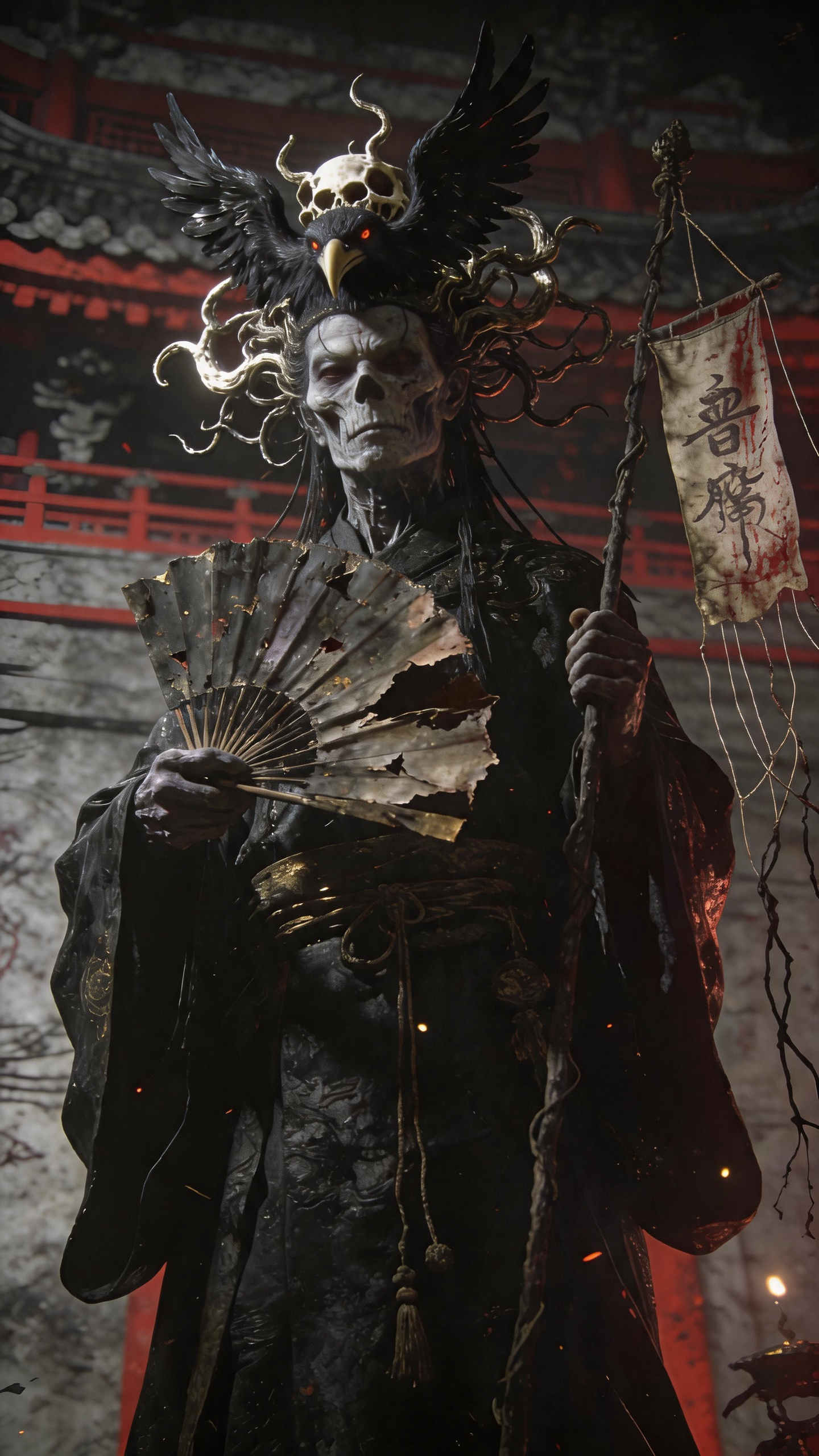 ##暗黑华夏民俗未知幻想，古代超古代复古感，设计构图，电影巨物仰拍镜头，强对比度高光暗部，真实光影反射，随机光源，黄金比例，非主体构图，照片级构图，死灵鸦香客，扭曲苍黑鸦羽骨冠，破败蒲扇枯线幽幡，血线纸灰暗庙，OC渲染… - AI提示词参考图，来自西西提示词