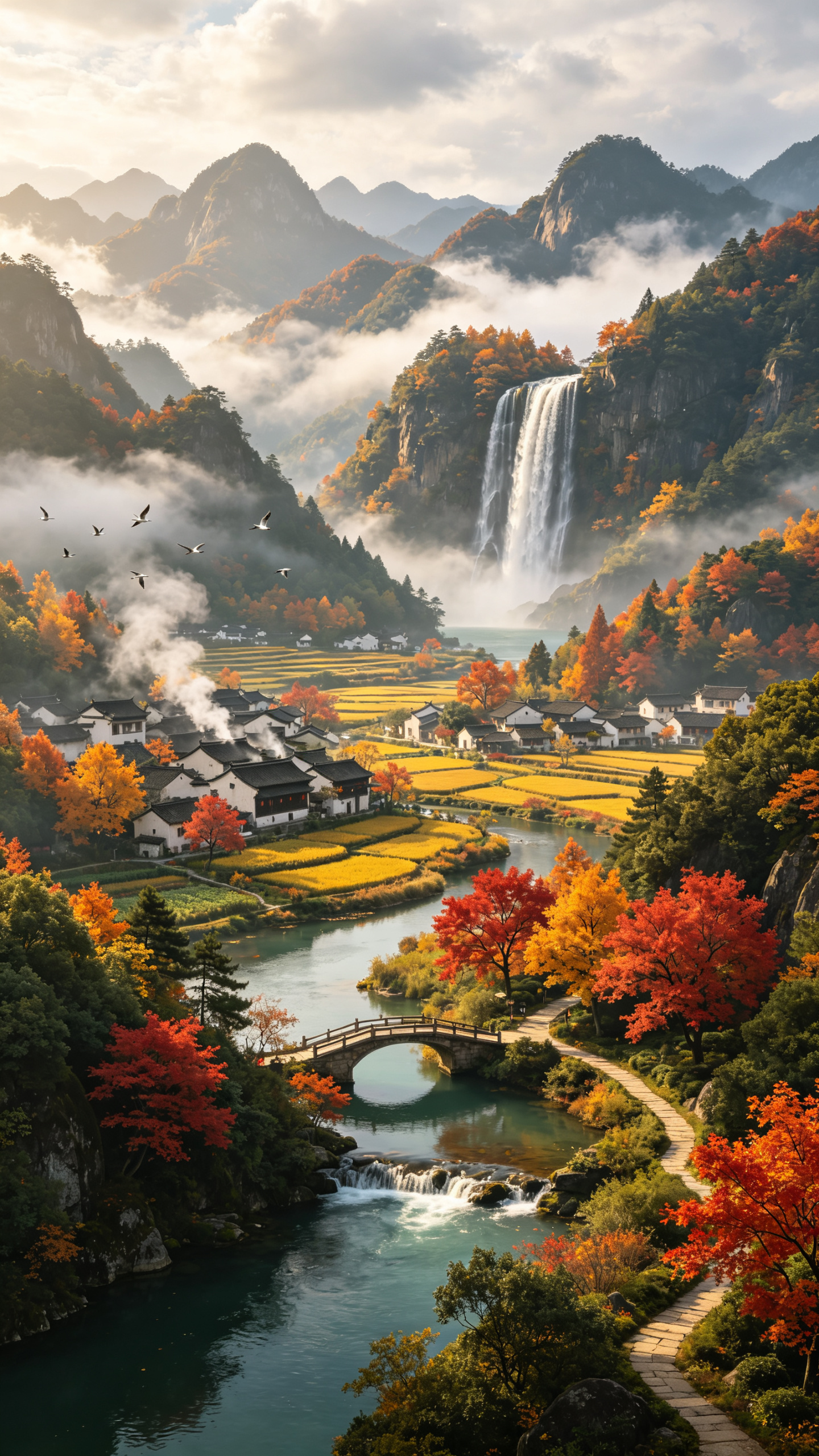 用不对称构图，实拍，全景，8k高清，真实，氛围感拉满，电影级画质。画面为山水田园，远处重叠的崇山峻岭，云雾缭绕 ，飞流瀑布，近景山峦叠嶂林木茂盛，河水荡漾，小桥流水，田园旁是星罗村落、炊烟袅袅 ，鲜红金黄枫树林、飞鸟，… - AI提示词参考图，来自西西提示词
