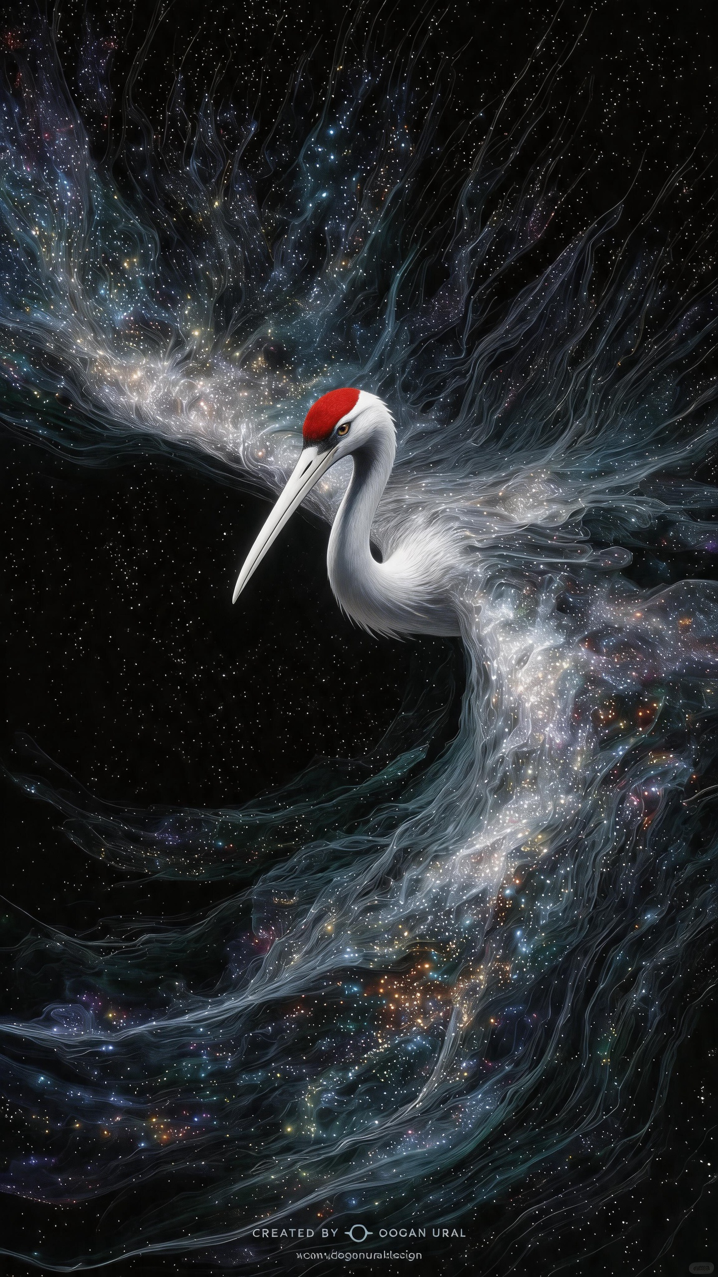 ##主体形象：一只由星尘、星云和光流构成的巨鹤在宇宙中翱翔。它的头部线条清晰锐利，而翅膀和身体则幻化成流动的星河，由无数纤细的光丝和闪烁的星点组成，仿佛整个宇宙的物质都凝聚成了它的形态。 视觉风格：以纯黑的宇宙为背景，… - AI提示词参考图，来自西西提示词