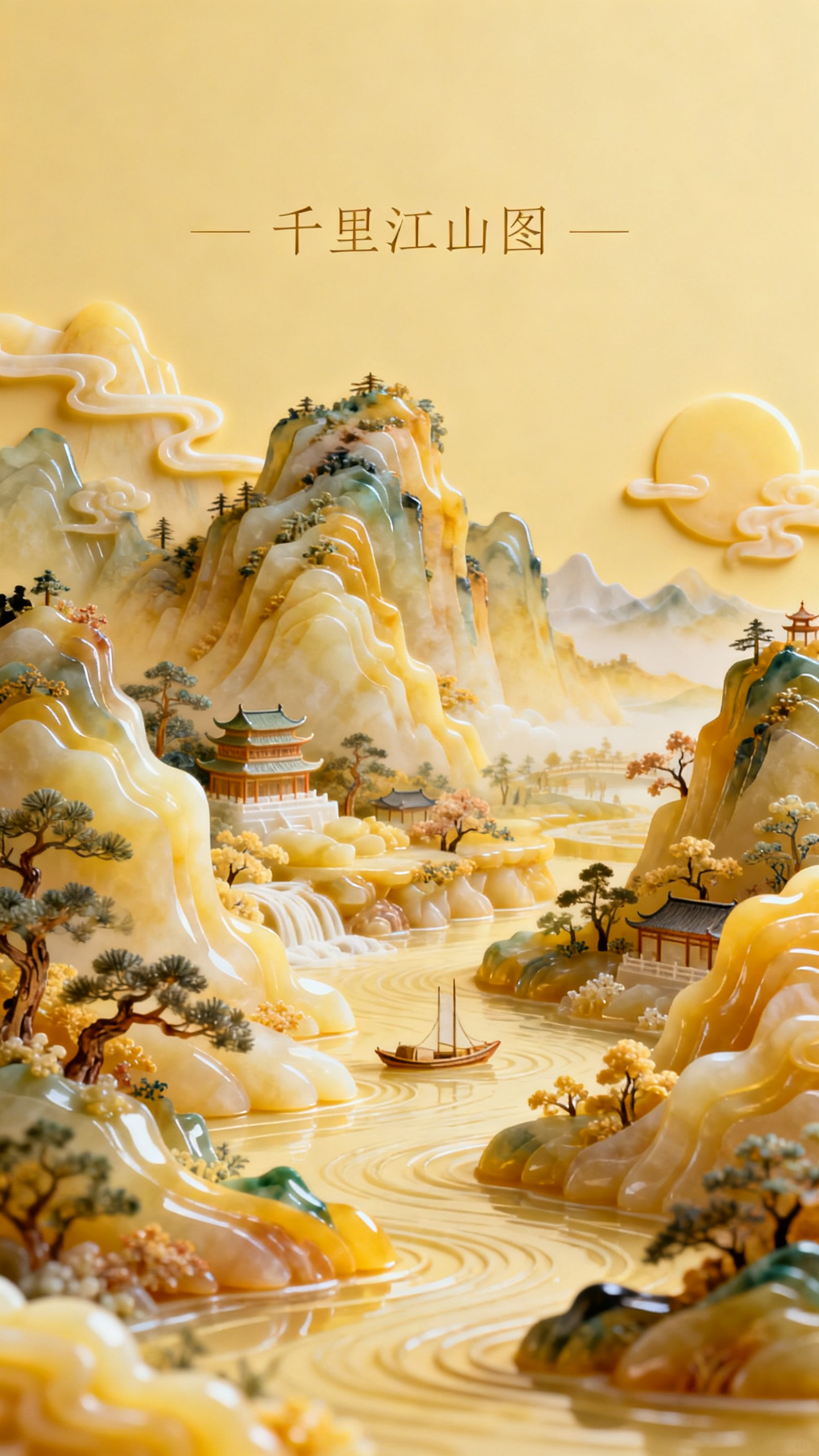 插画设计。乳黄色背景上的立体插画：千里江山图，人间美景，国风风格，立体羊脂玉质感，明亮皇家杏黄色彩，高级晕染。页面上方中间横排标题：“千里江山图”，小字，极细。8k壁纸。 - AI提示词参考图，来自西西提示词