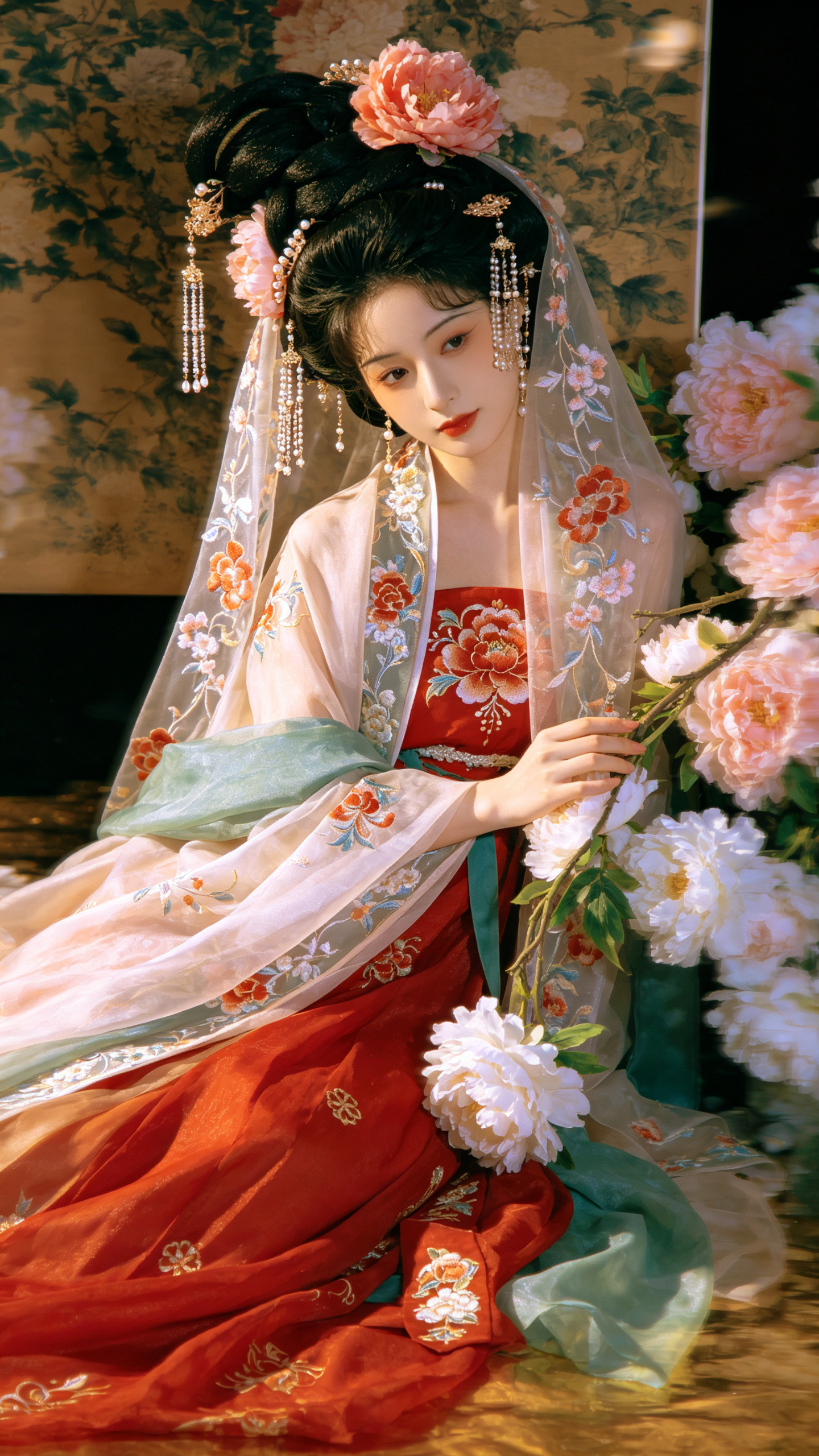 古风美少女，美艳绝伦，唐代高髻，牡丹发饰，珠花流苏，身着正红刺绣汉服襦裙，缠枝纹纱质头巾+牡丹花枝围绕，倚坐花墙、暖光侧映明艳姿态，浓郁色彩与复古纹样置景，华丽又带着盛唐风情的东方古典氛围。 淡彩白调（泛轻微银白），白… - AI提示词参考图，来自西西提示词