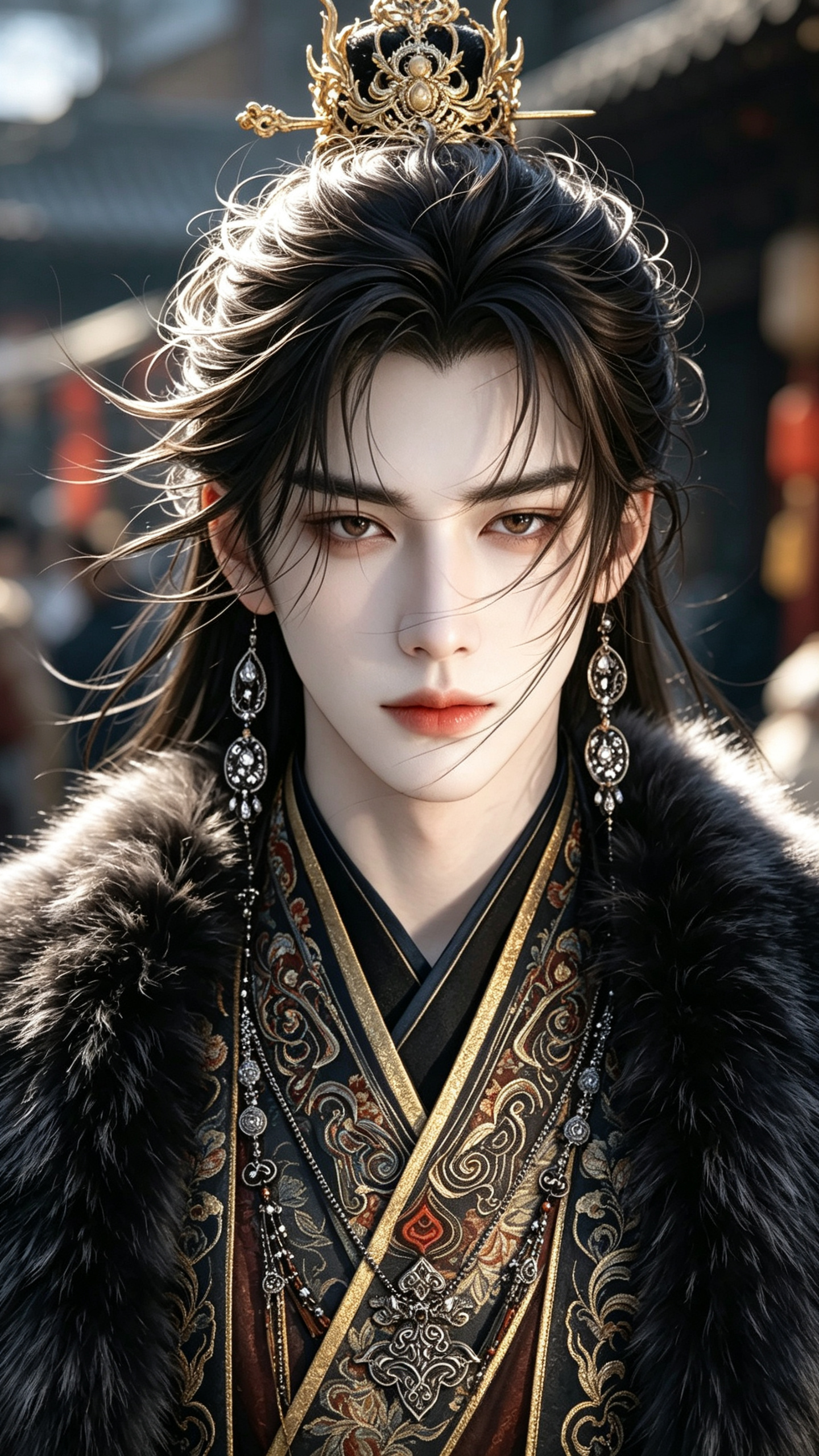 ##古风帅哥，发丝细腻柔顺，狭长双眼，锦衣华服貂裘，丰富的花纹，金丝描边，金质华丽的发冠，极致妖孽的容貌，饱和度较高，高级构图，细节丰富，清晰精致，精致细腻，高清画质，长发，面部聚焦，面部阴影，绝美，线条清晰，高级感、… - AI提示词参考图，来自西西提示词
