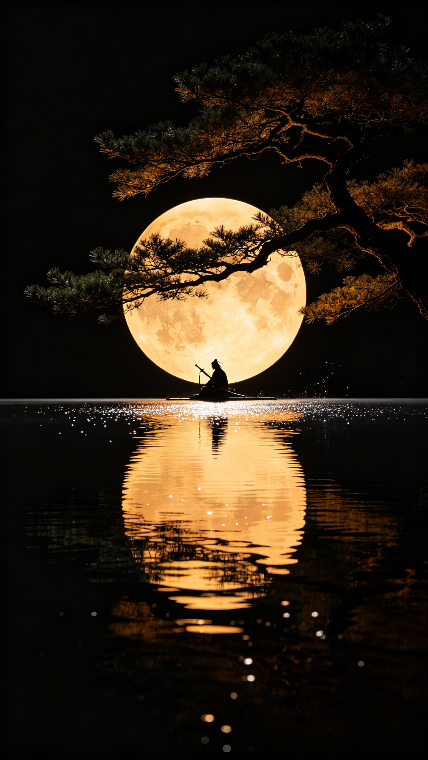 东方武侠电影海报，松间夜冷银弱光光影，水平线分割极端极简构图，虚实悟道层次叙事。92%大面积墨黑极致留白，圆形月亮精确位于画面水平中线，圆月与下方湖面倒影形成天然双圆双生形态，剑客极小剪影倚松斜坐仅露出剑柄轮廓，月光从… - AI提示词参考图，来自西西提示词
