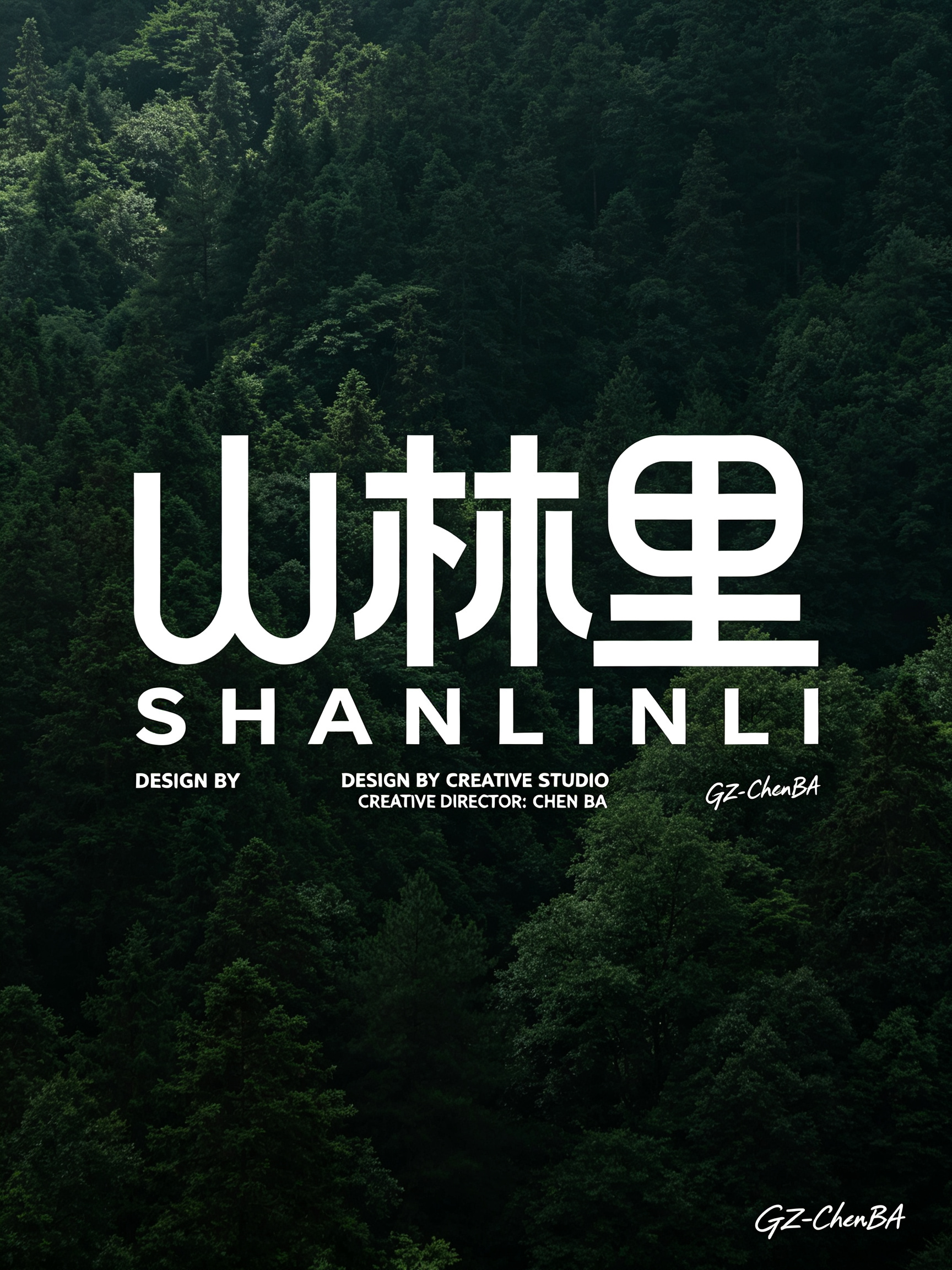 创作现代极简版式与自然实景融合的主题海报：背景为深暗色调的茂密森林实景（以暗绿、深绿色为主，营造静谧幽深的山林氛围）；画面居中放置白色几何化设计的大字 “山林里”，字体线条融合圆润曲线与硬朗直线，呈现现代设计感；大字下… - AI提示词参考图，来自西西提示词