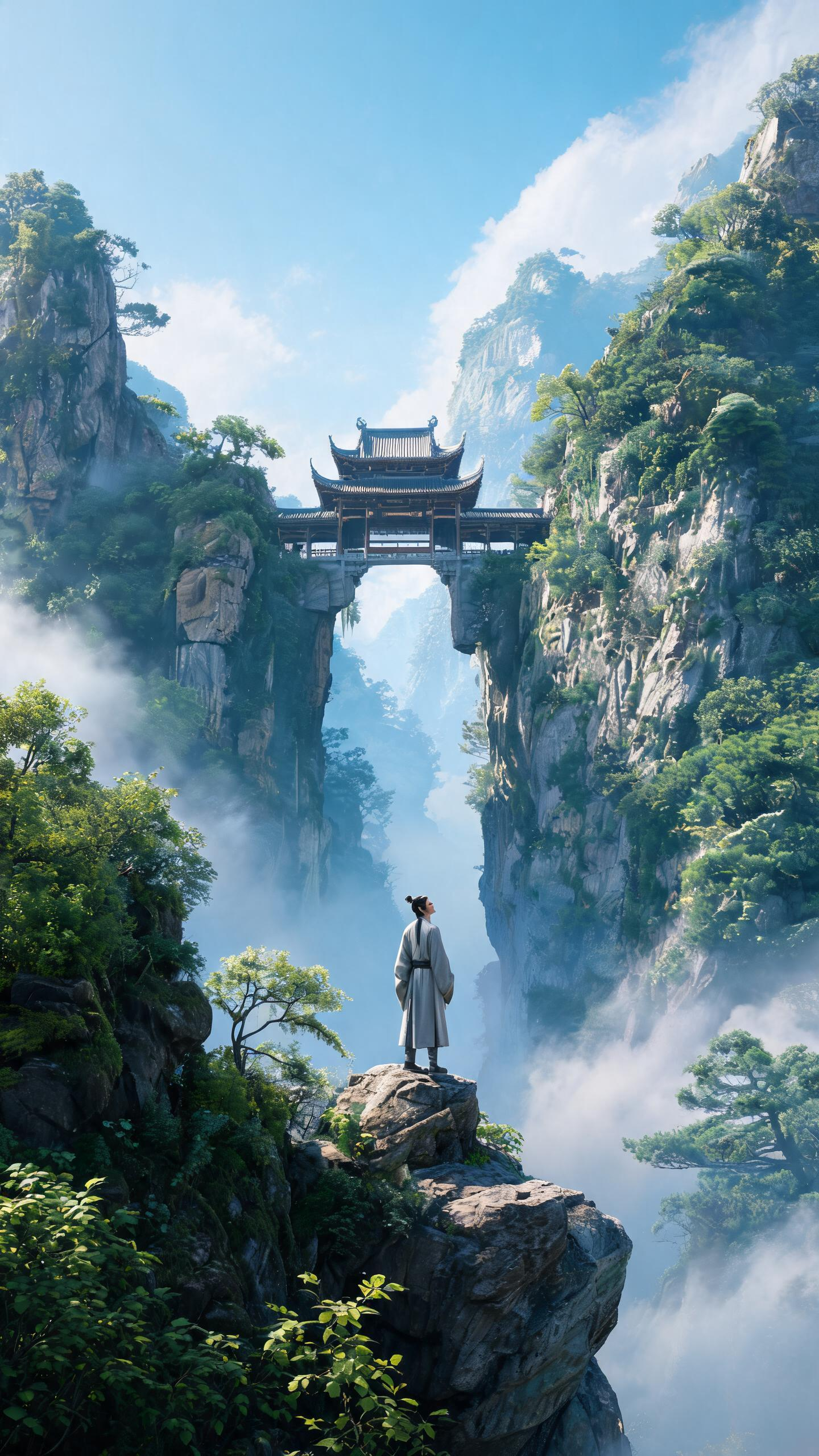 3D画质，山高云淡绿叶被满，林石青山悬险处； 石上人立仰望仙境，梦似攀岩天门楼，8KV6超高清画质。 - AI提示词参考图，来自西西提示词