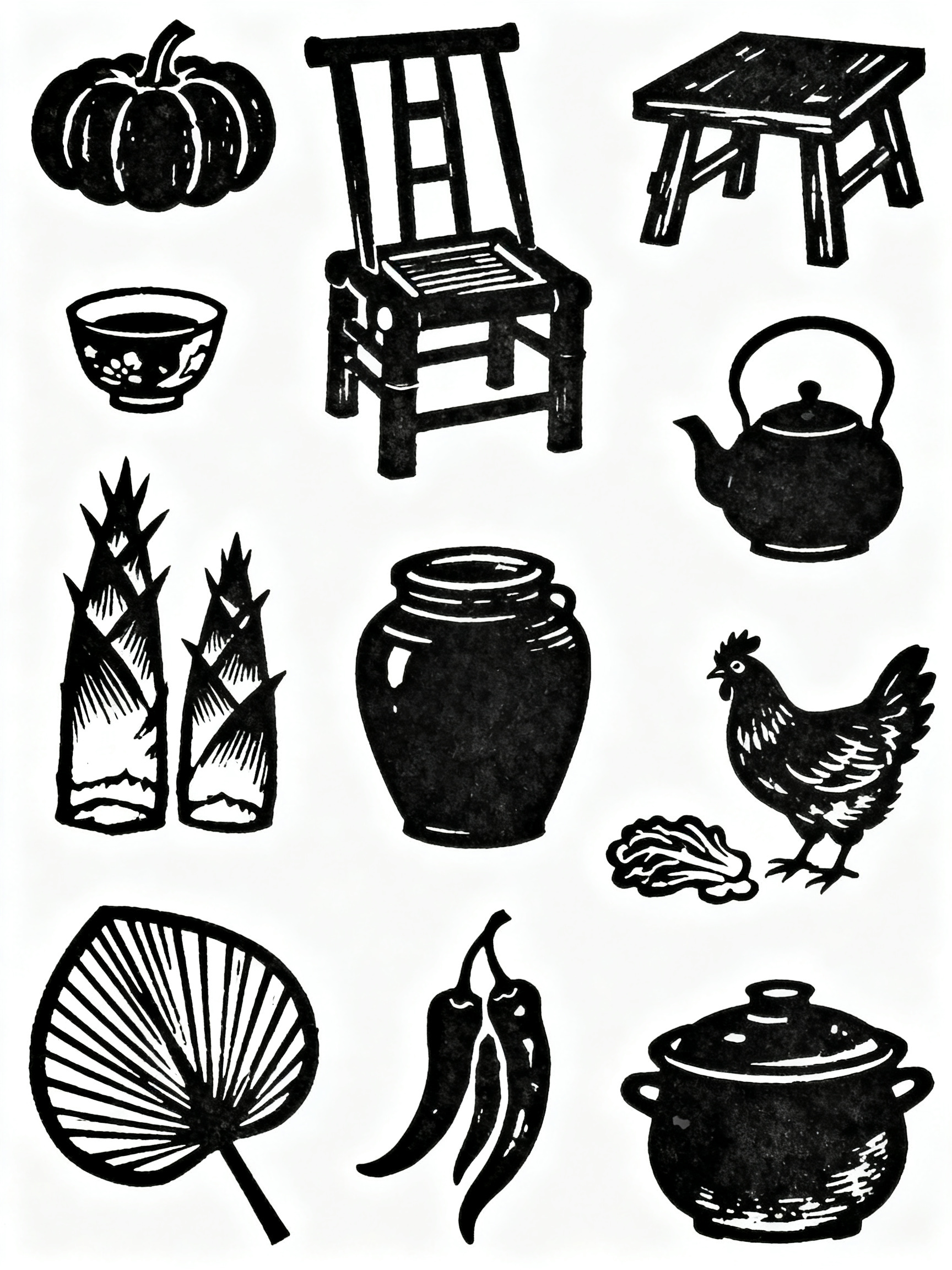 纸版画，极简，剪影，古朴风，黑白线稿，只要黑白两色，不要灰色，复古质朴质感，简洁粗犷、古朴风，，纯白背景，画面元素：南瓜，椅子，板凳，茶壶，茶杯，竹笋，母鸡，酸菜坛子，辣椒，蒲扇，砂锅，各式各样的乡村小院氛围感的物品（… - AI prompt reference from CC Prompt Galaxy